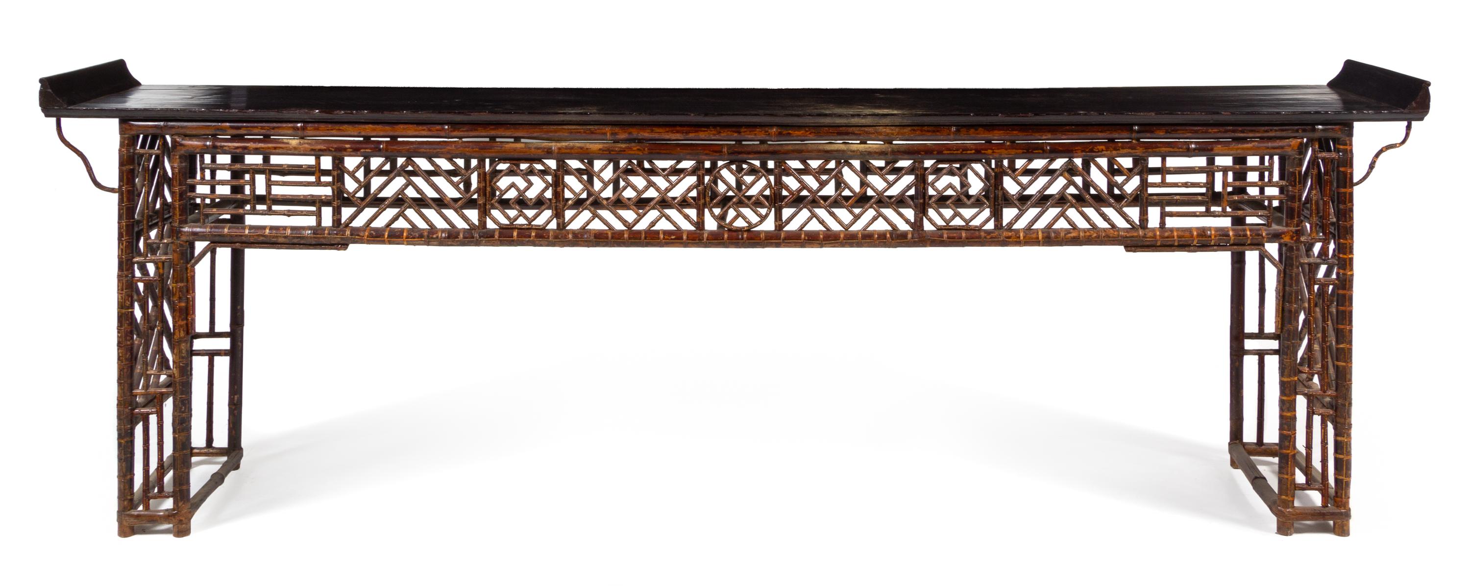 A Large Chinese Bamboo and Lacquer Altar Table, Qiaotou'an Height 36 1/4 x width 106 x depth 18 inches. — 19TH CENTURY