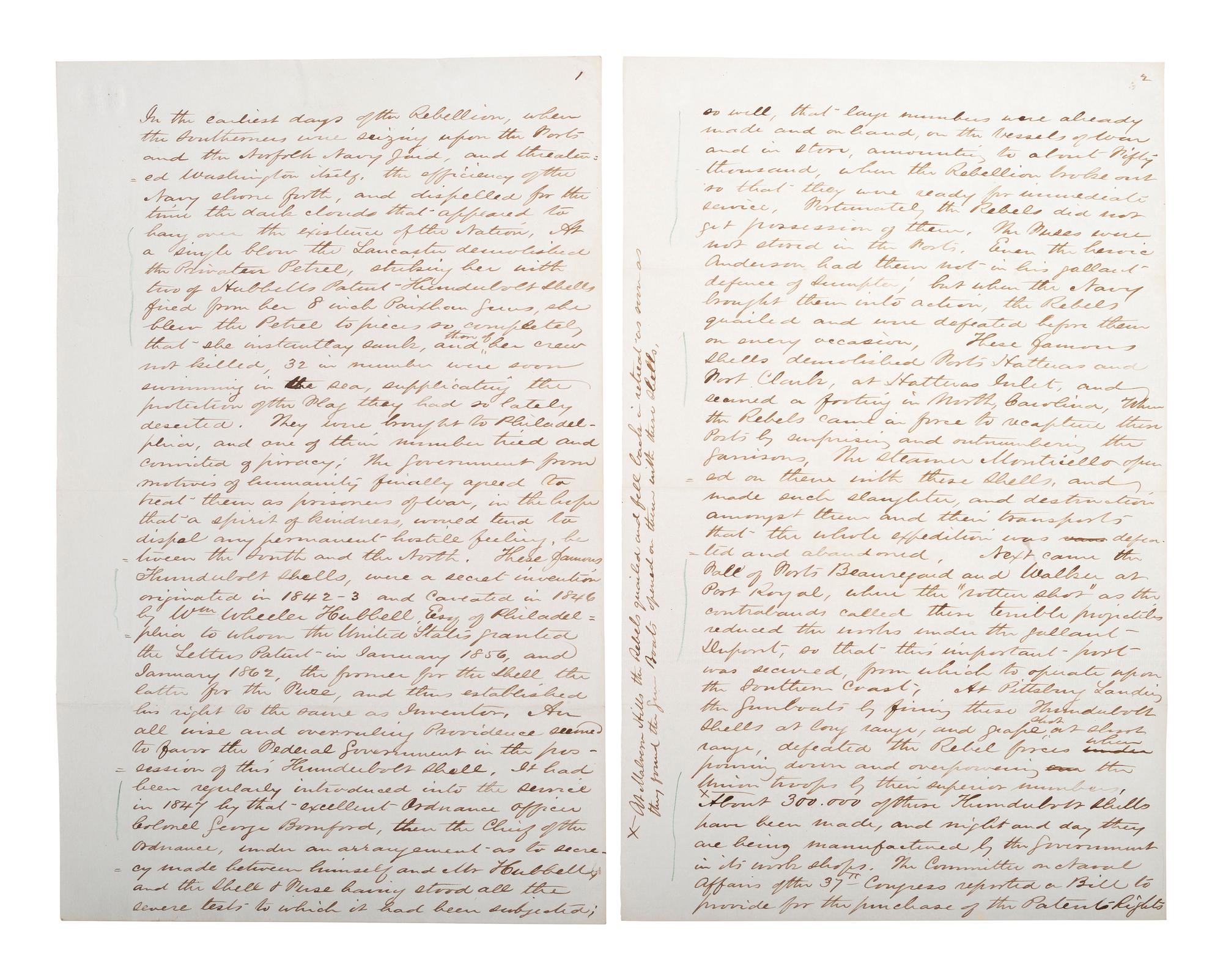 [CIVIL WAR - NAVY]. A group of documents related to artillery, mechanics, and gunboat specifications, including: