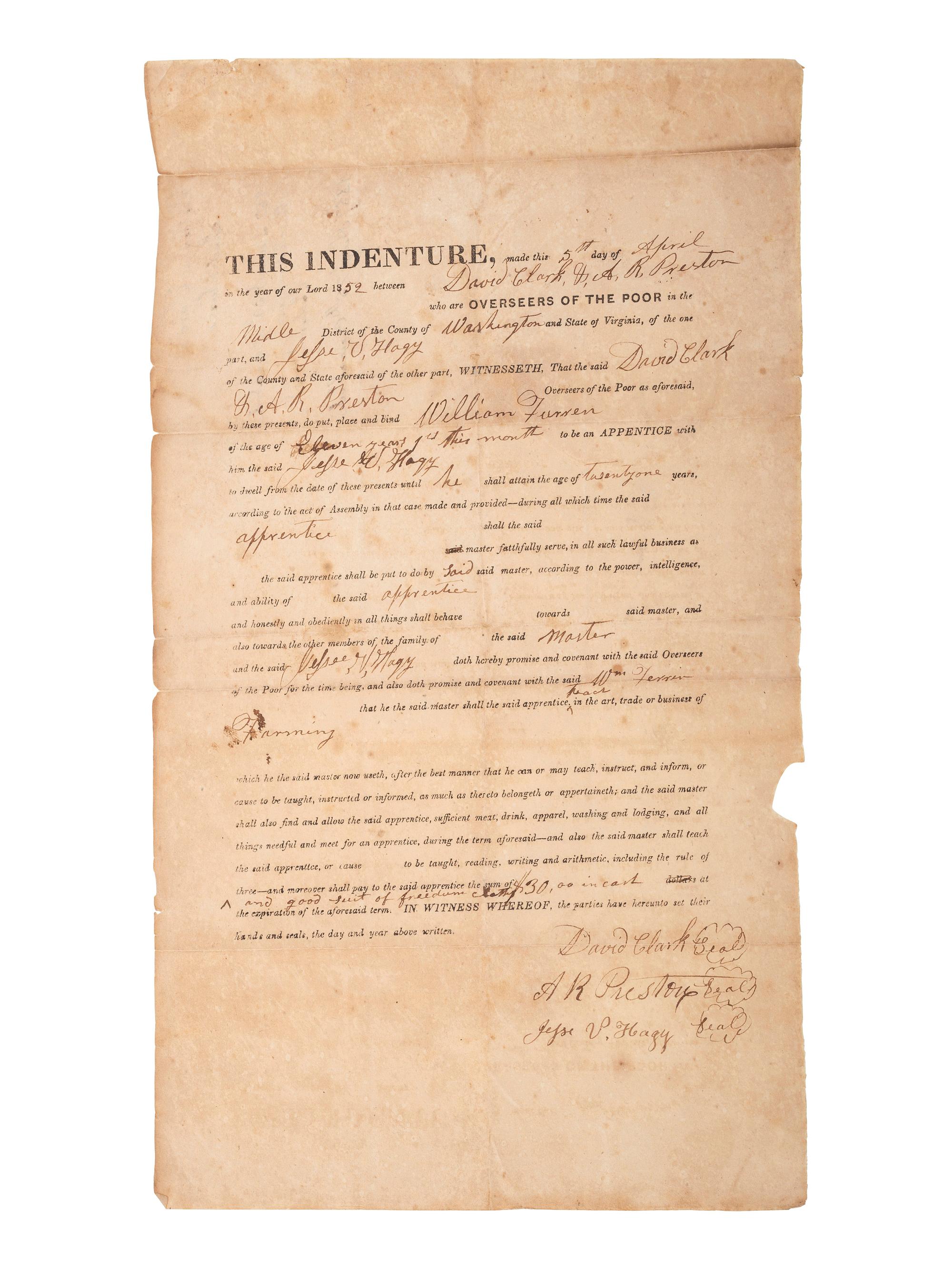 [SLAVERY & ABOLITION]. Partially printed apprenticeship indenture binding William Turner to farmer Jesse V. Hagy. Washington County, Virginia, 5 April 1852.