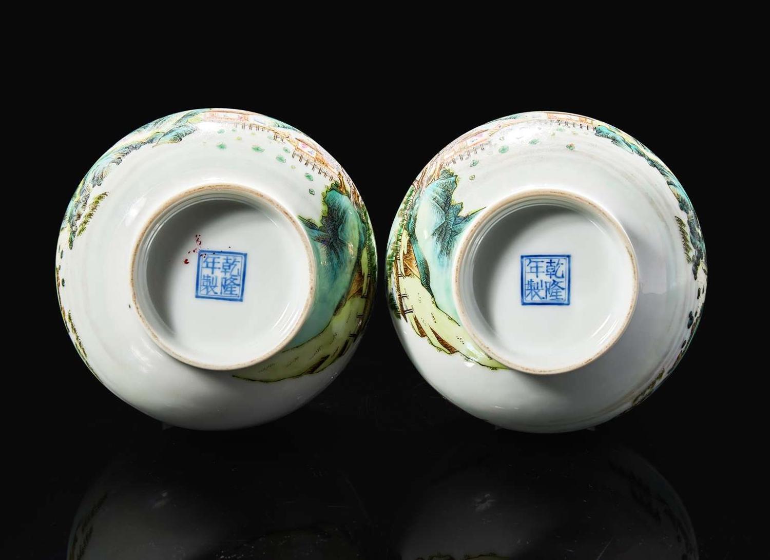 A pair of Chinese famille rose "Landscape" vases, probably Republic period 粉彩山水人物瓶 或民國