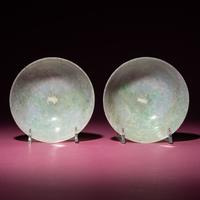 A Pair of Chinese Carved Jadeite 'Floral' Bowls, 19th-20th Century — 晚清-民國 翡翠刻花過墻碗一對