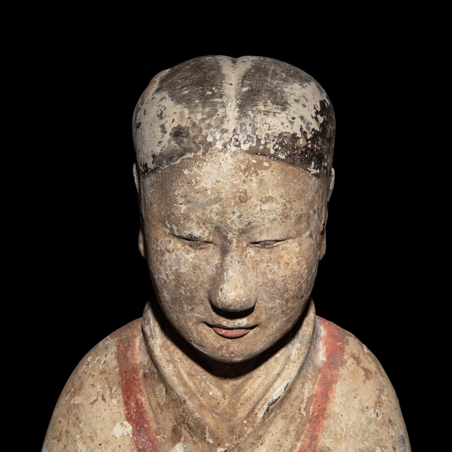 A Chinese Painted Pottery Dancing Lady with Long Sleeves, Han Dynasty — 漢 陶加彩舞女俑