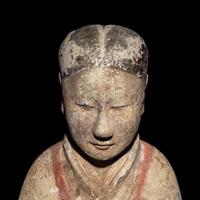 A Chinese Painted Pottery Dancing Lady with Long Sleeves, Han Dynasty — 漢 陶加彩舞女俑