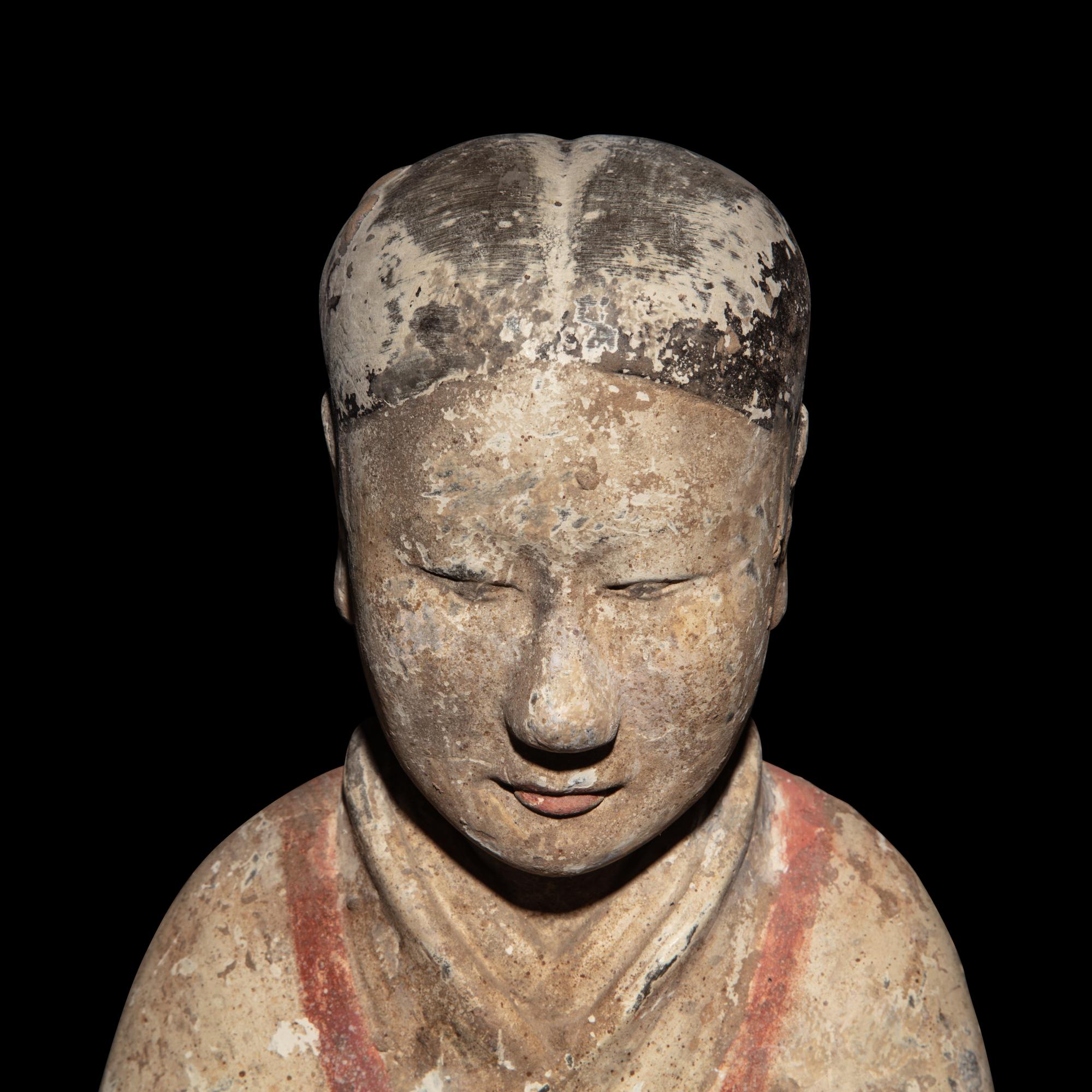A Chinese Painted Pottery Dancing Lady with Long Sleeves, Han Dynasty — 漢 陶加彩舞女俑