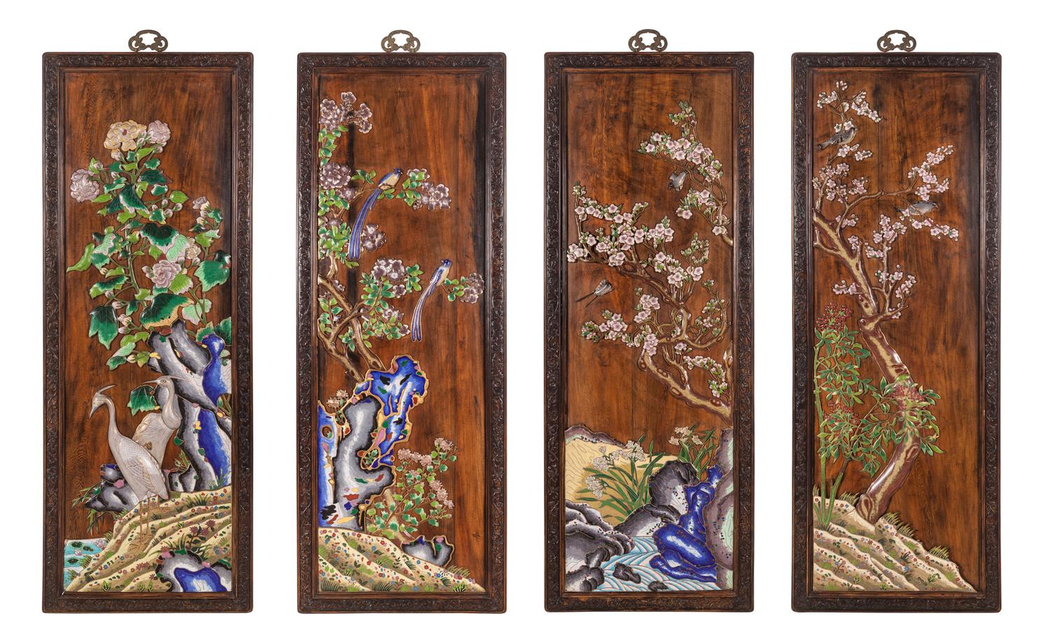 A Set of Four Chinese Export Cloisonné Inset Wood Wall Panels