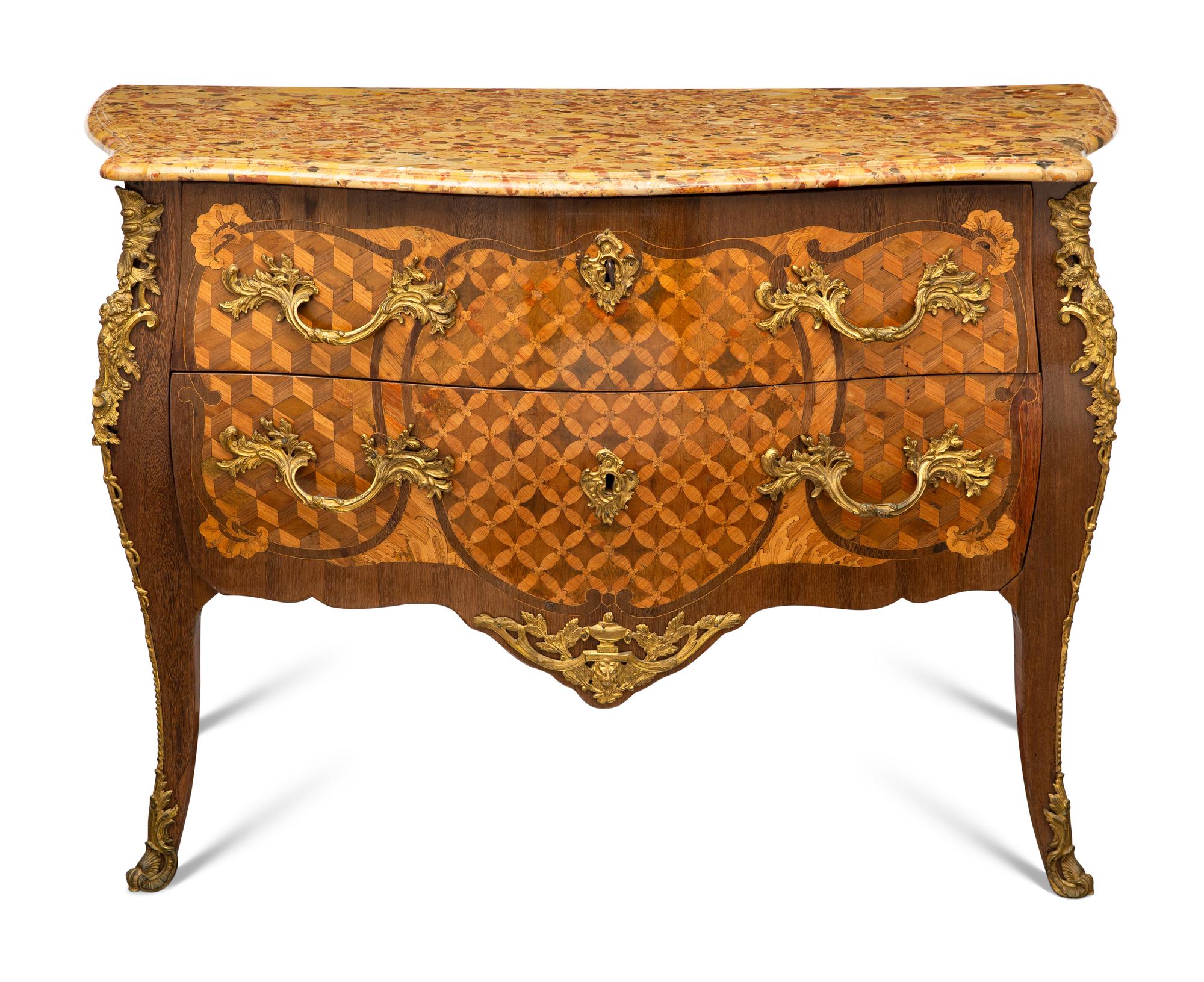 A Louis XV Gilt Bronze Mounted Parquetry Marble-Top Commode