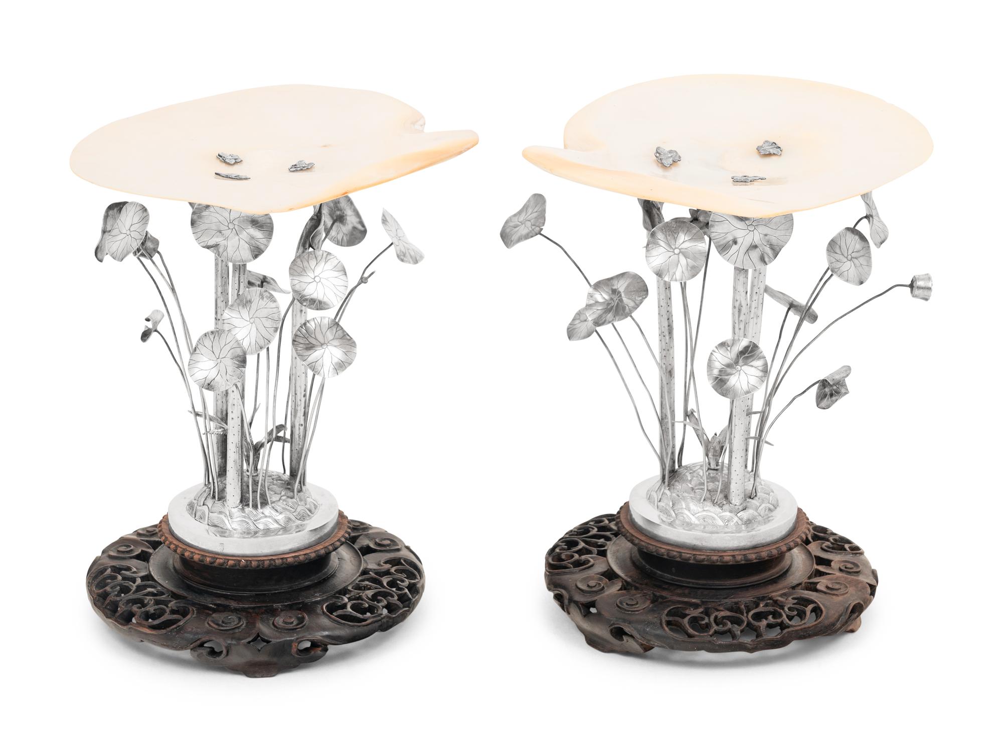 A Pair of Chinese Export Silver and Mother-of-Pearl Table Ornaments