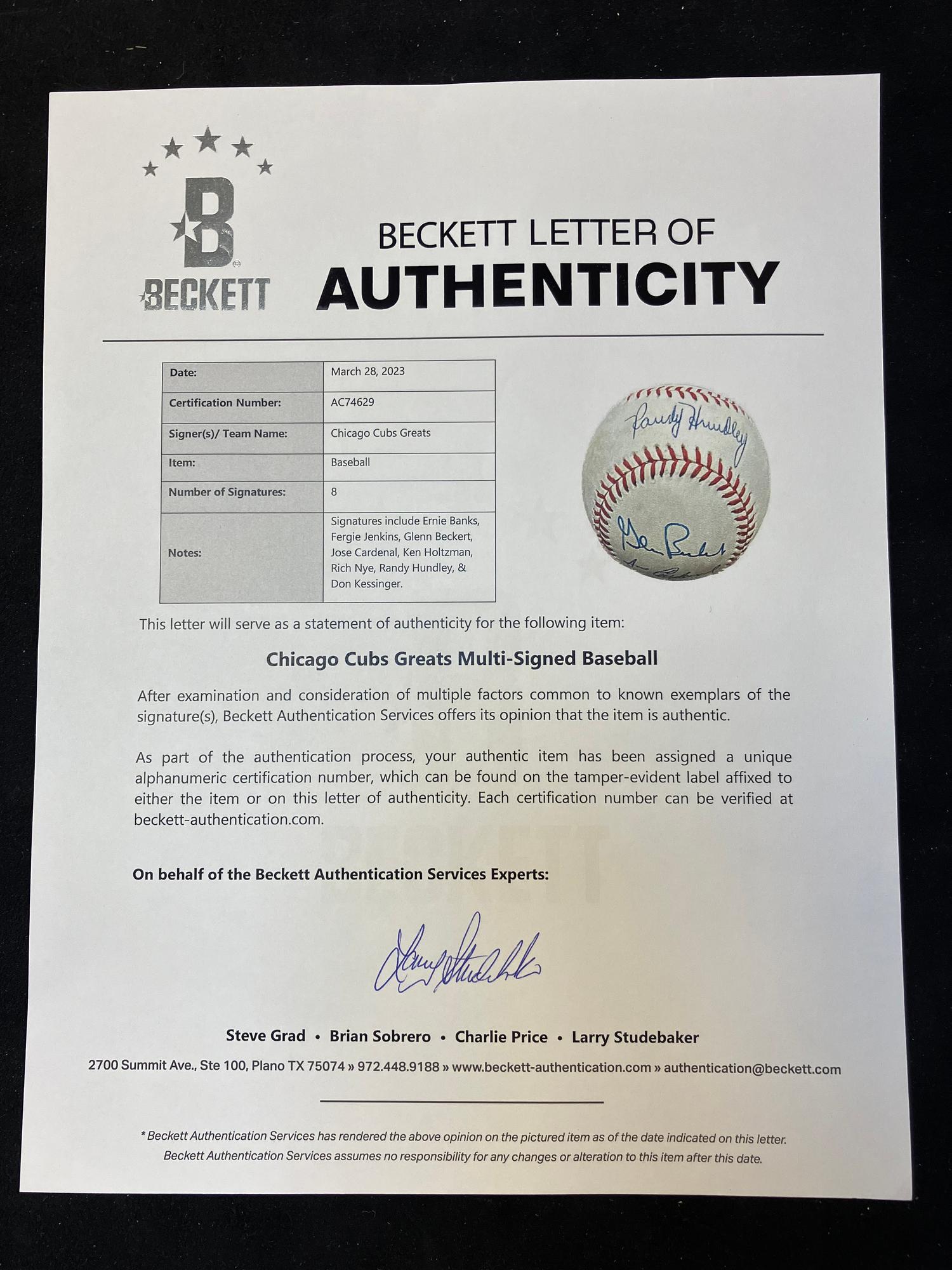 A Group of Eight Chicago Cubs Hall of Fame and Notable Signed Autograph Baseballs (Beckett Authentication Services Certified),