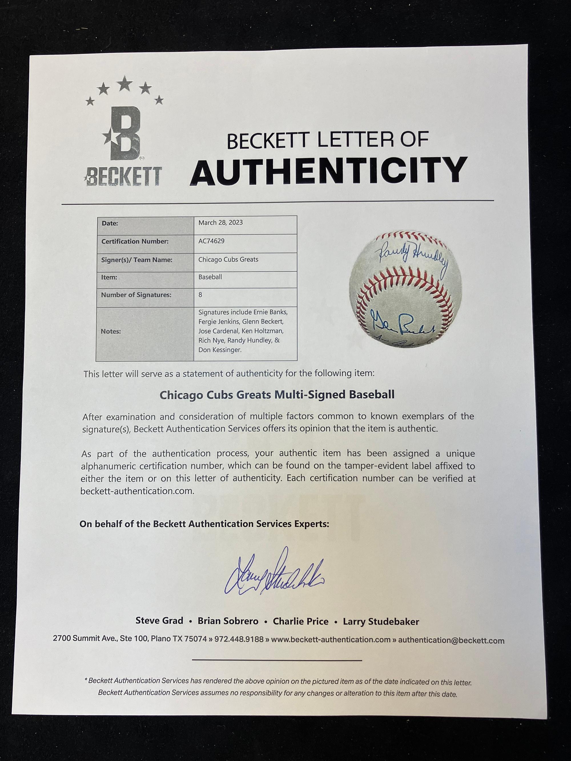 A Group of Eight Chicago Cubs Hall of Fame and Notable Signed Autograph Baseballs (Beckett Authentication Services Certified),