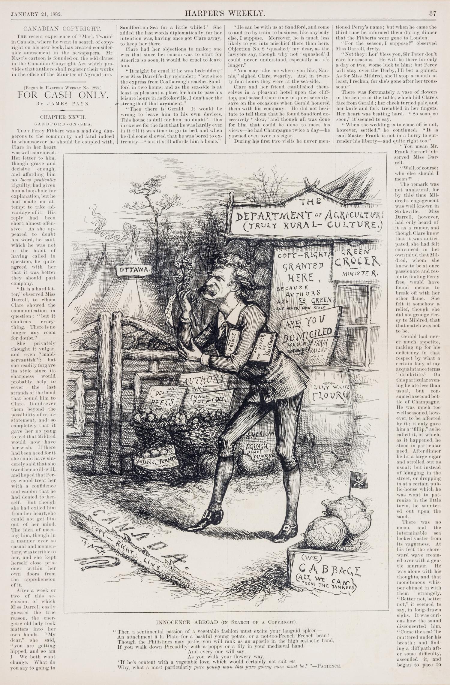CLEMENS, SAMUEL L. (TWAIN, MARK) Harper's Weekly caricature of Clemens. January 21, 1882.