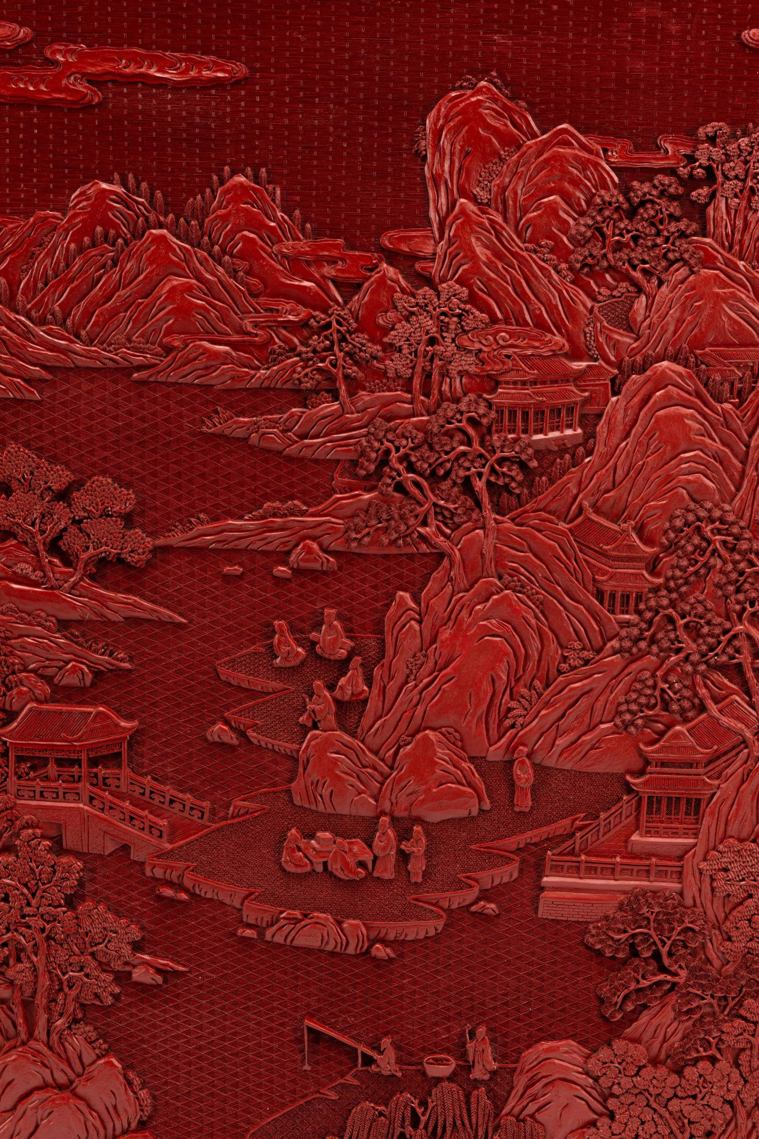 A Pair of Chinese Export Carved Red Lacquer Panels