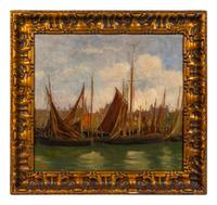 Raymond Woog (French, 1875-1949) Sailing Vessels in a Harbor, Townscape Beyond oil on canvas signed with a glyph (lower left) 21 x 23 inches.