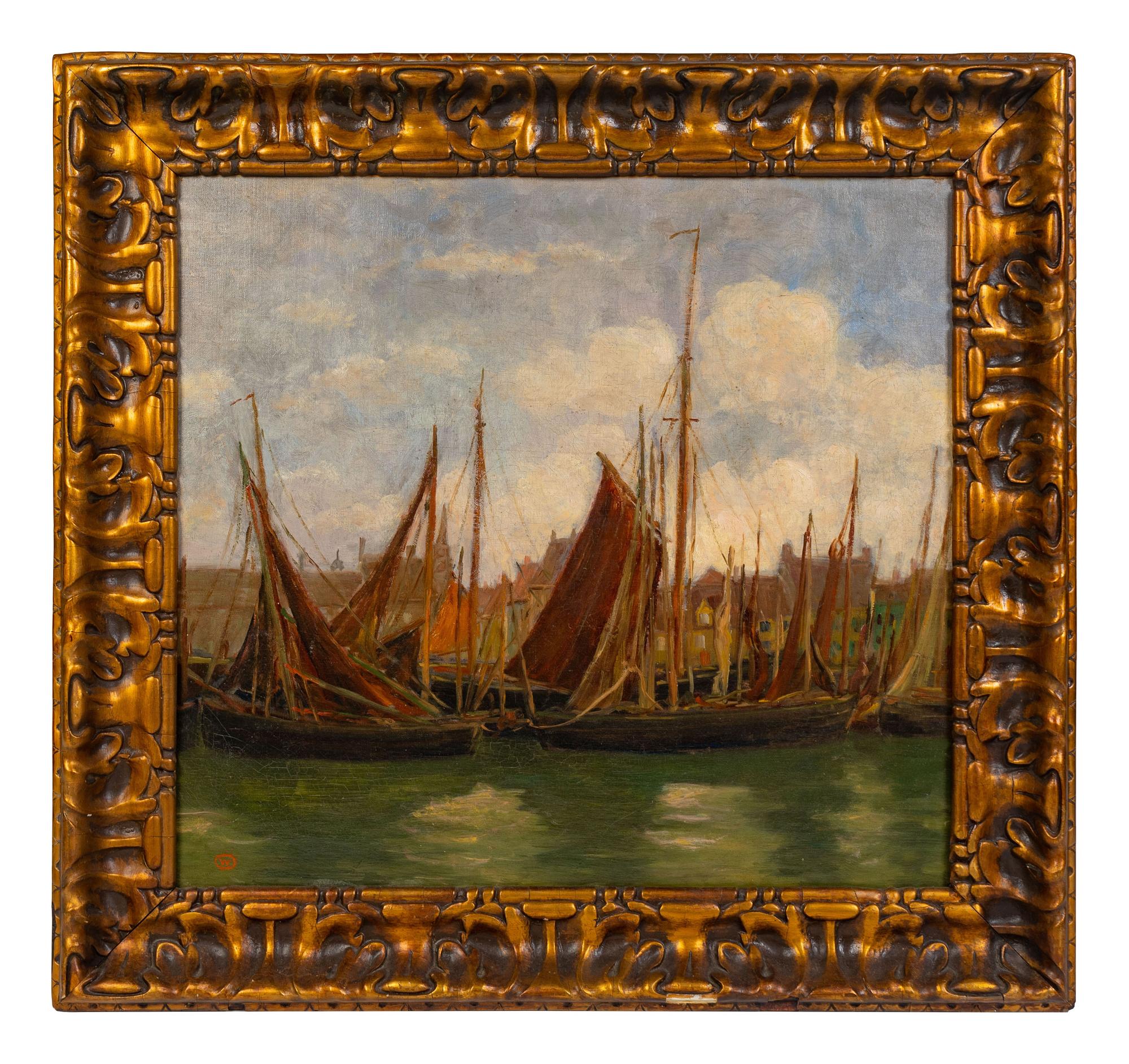 Raymond Woog (French, 1875-1949) Sailing Vessels in a Harbor, Townscape Beyond oil on canvas signed with a glyph (lower left) 21 x 23 inches.