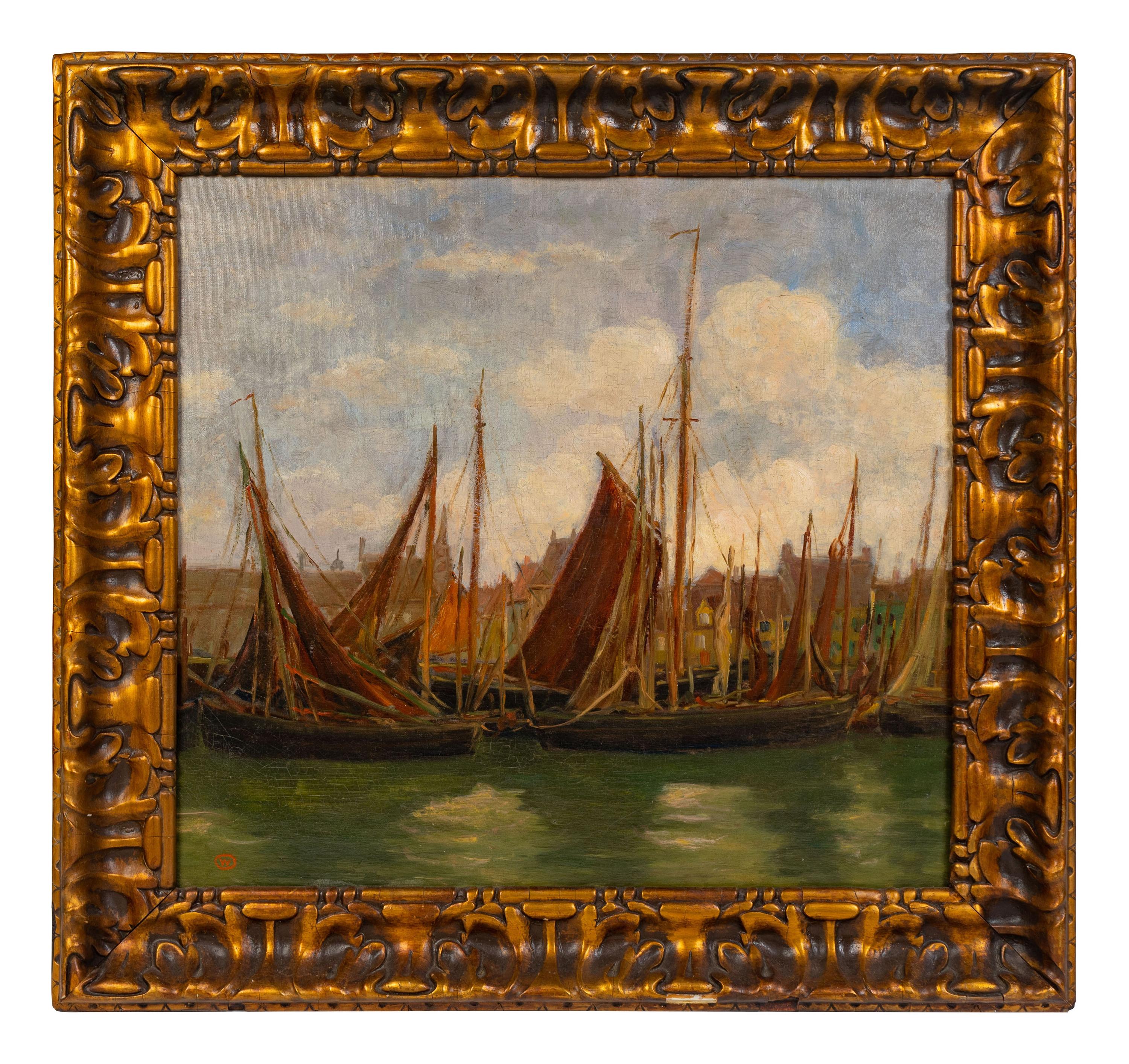 Raymond Woog (French, 1875-1949) Sailing Vessels in a Harbor, Townscape Beyond oil on canvas signed with a glyph (lower left) 21 x 23 inches.