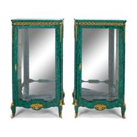 A Pair of Louis XVI Style Malachite Veneered and Gilt Bronze Mounted Vitrine Cabinets