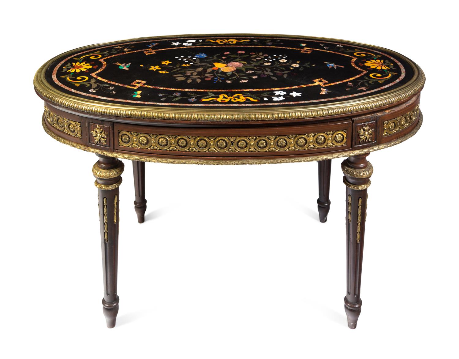 A Louis XVI Style Gilt Bronze Mounted Pietra Dura-Top Center Table