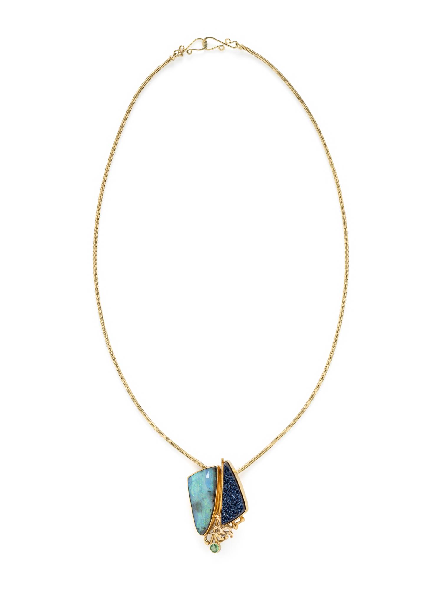 YELLOW GOLD, OPAL, AND DRUZY QUARTZ PENDANT NECKLACE