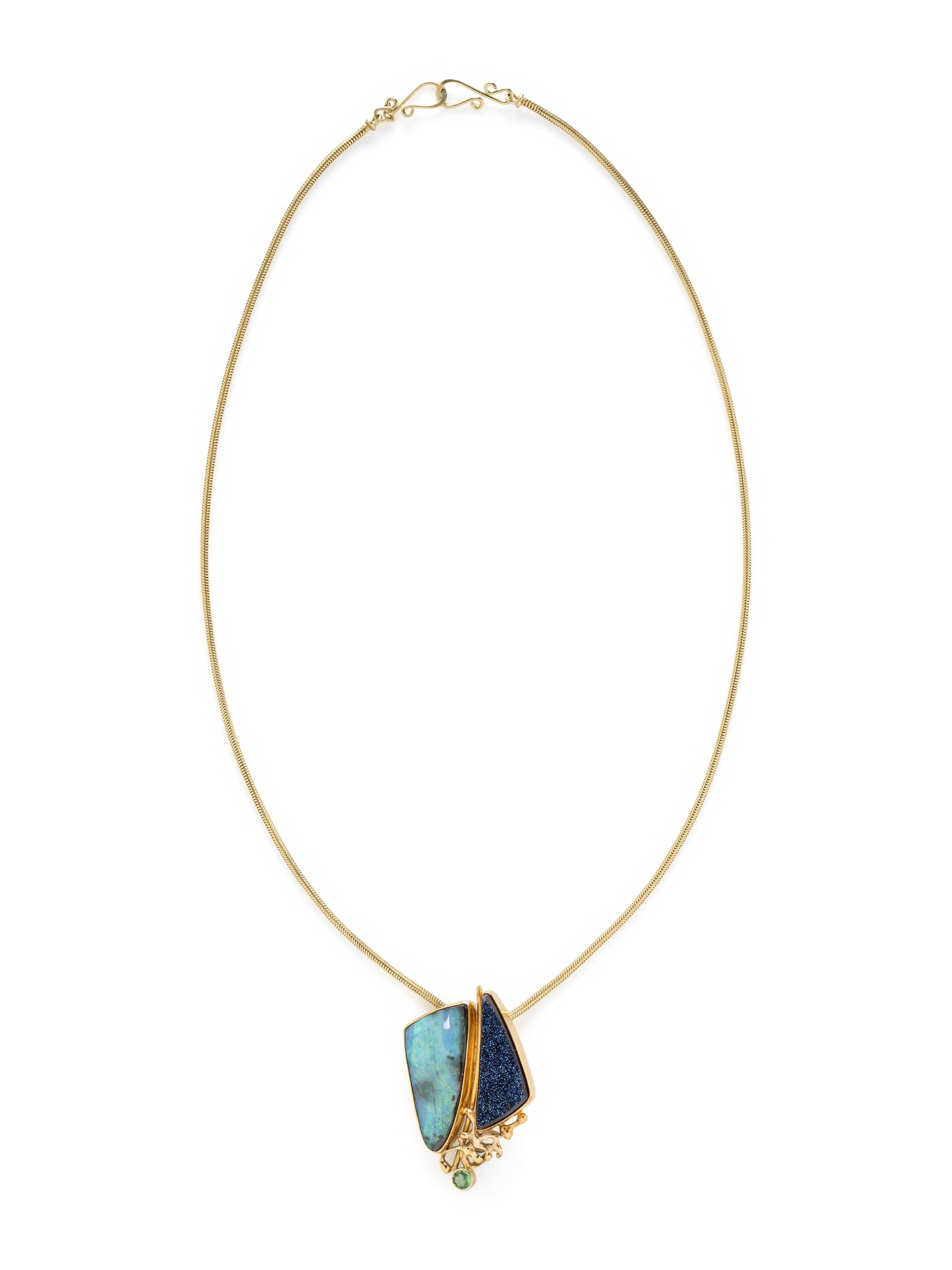 YELLOW GOLD, OPAL, AND DRUZY QUARTZ PENDANT NECKLACE