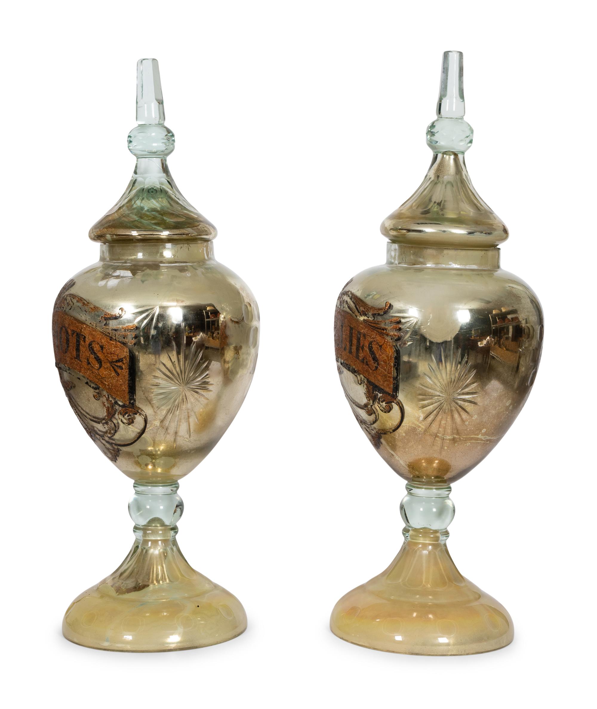 A Pair of Large English Mercury Glass Apothecary Style Candy Dispensers
