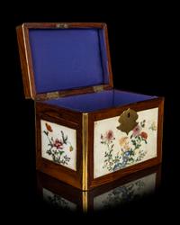 A Chinese Export Famille Rose Porcelain Inset Huali Wood Tea Caddy