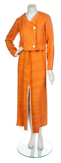 A Tangerine Woven Silk Couture Gown and Jacket Ensemble,
