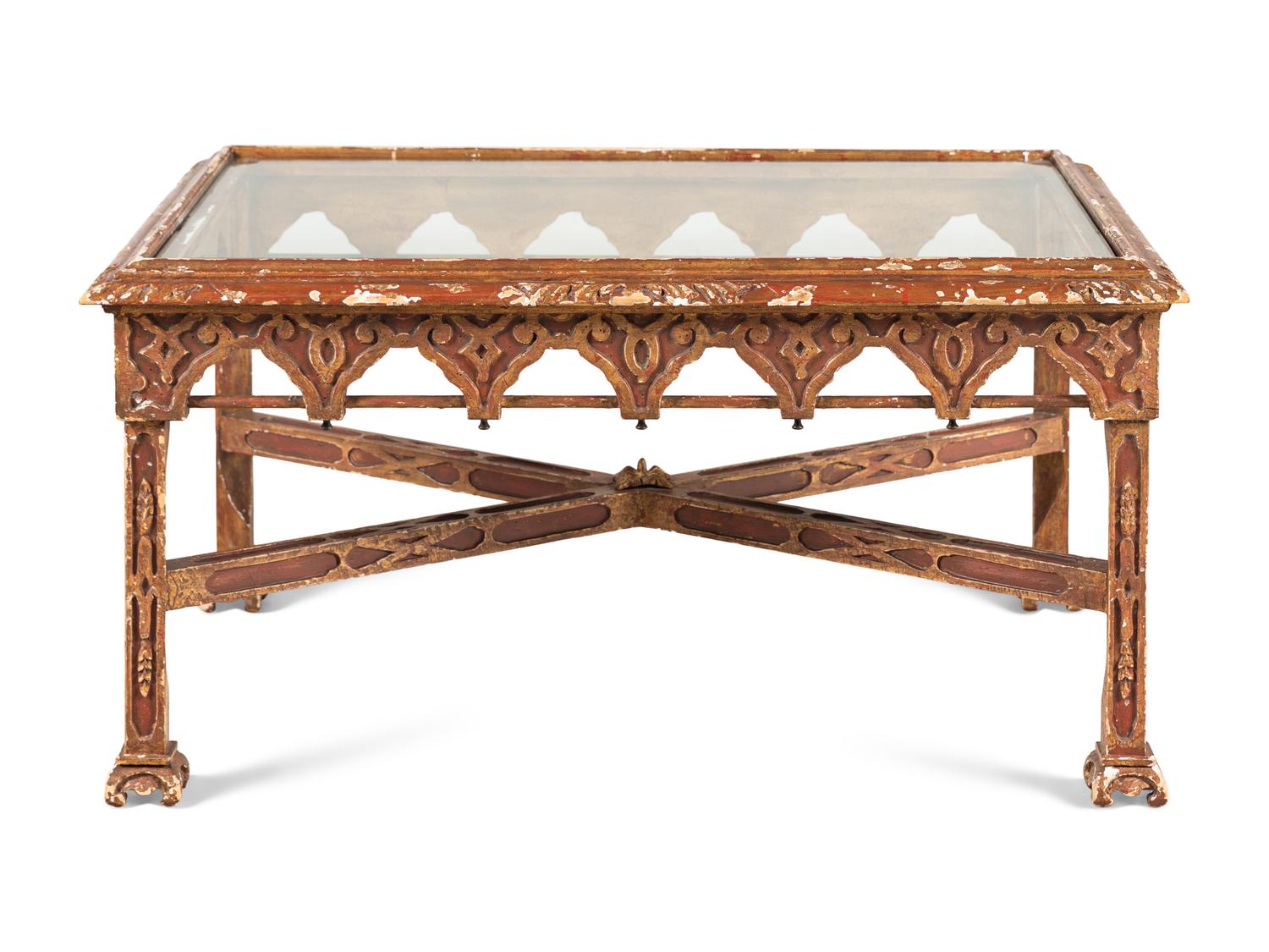 A Venetian Gothic Style Painted and Parcel Gilt Low Table