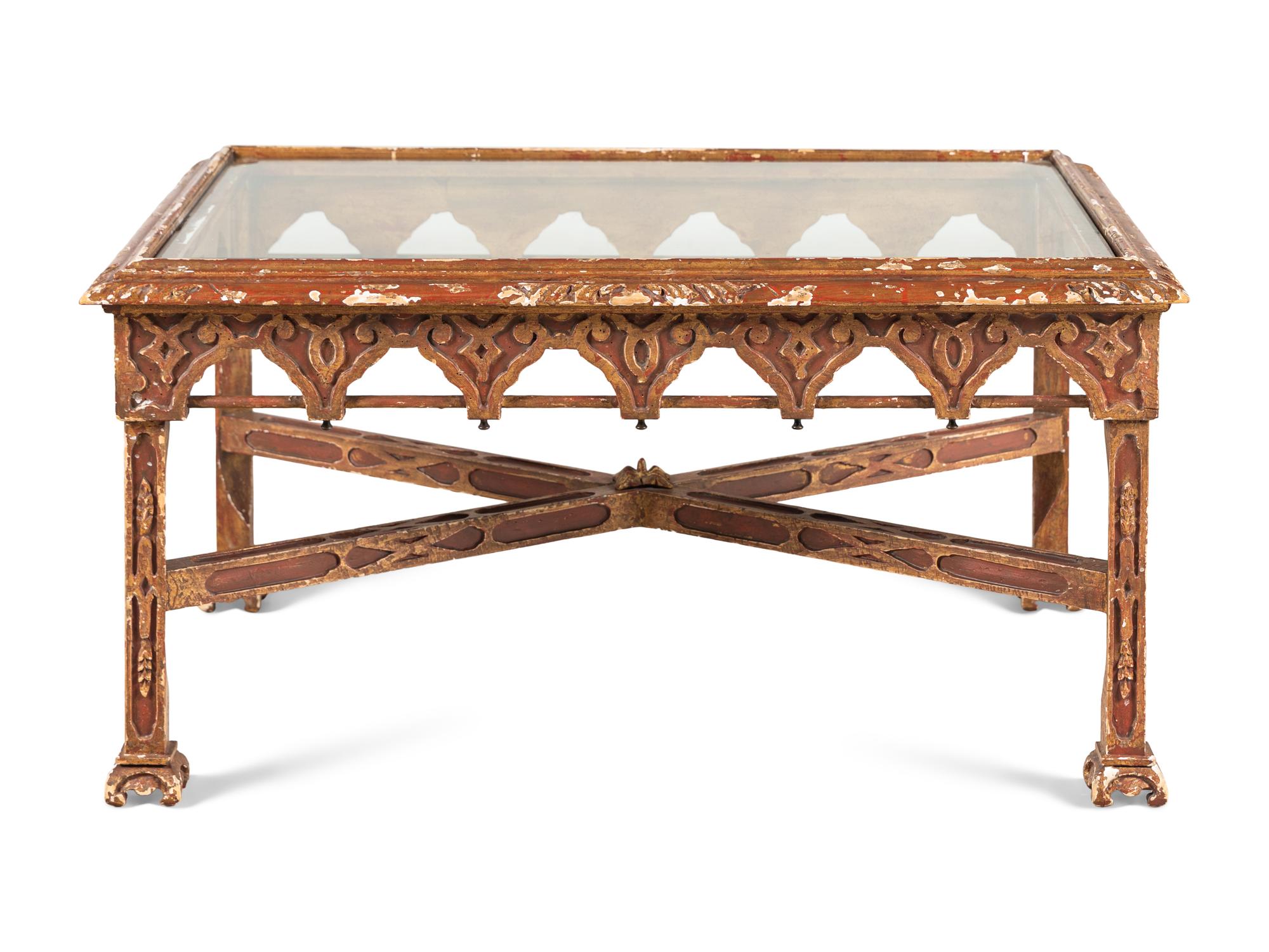 A Venetian Gothic Style Painted and Parcel Gilt Low Table