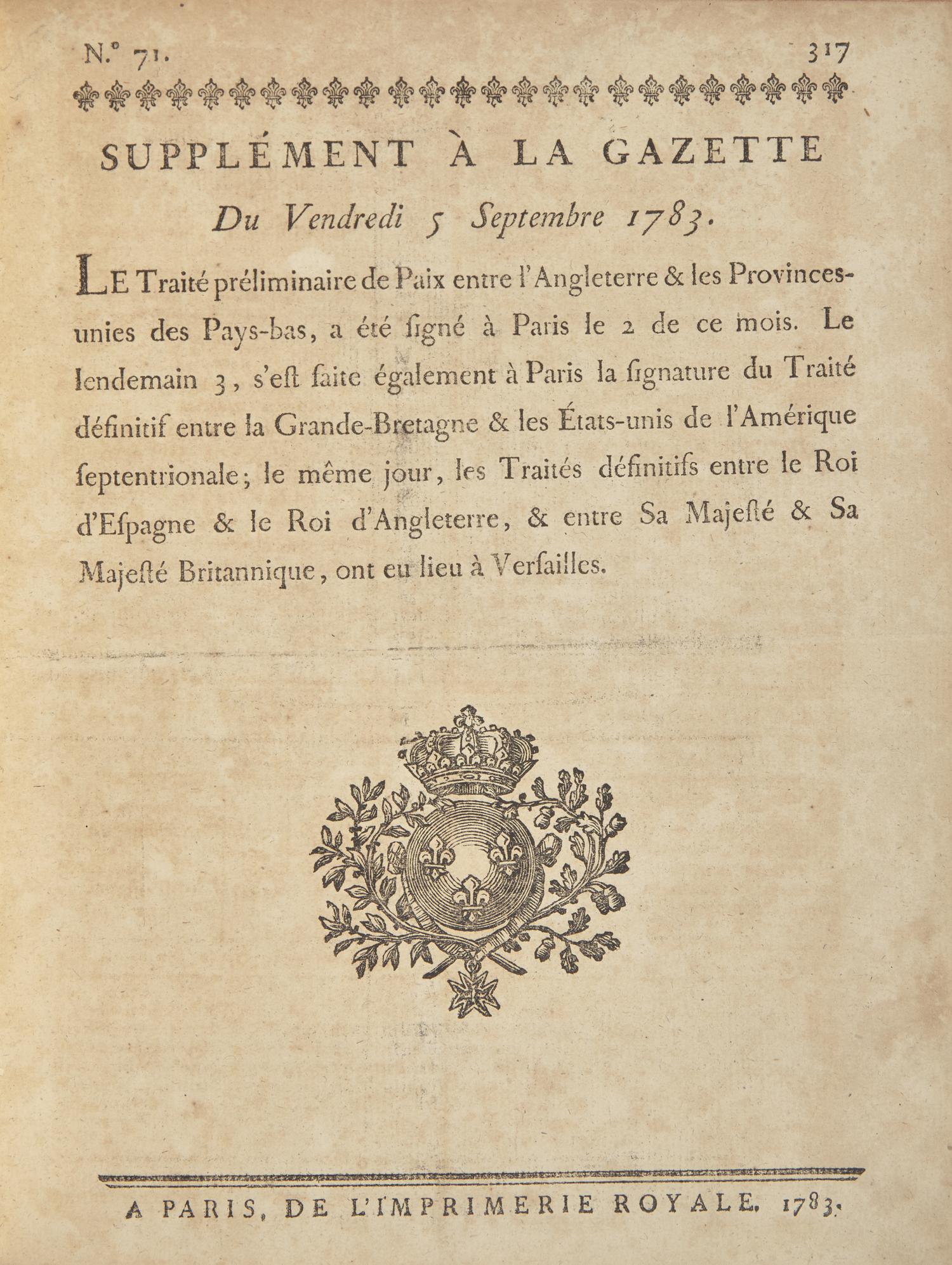[American Revolution] Possibly the First Printed Announcement of the Definitive Treaty of Peace Ending the American Revolution, September 5, 1783