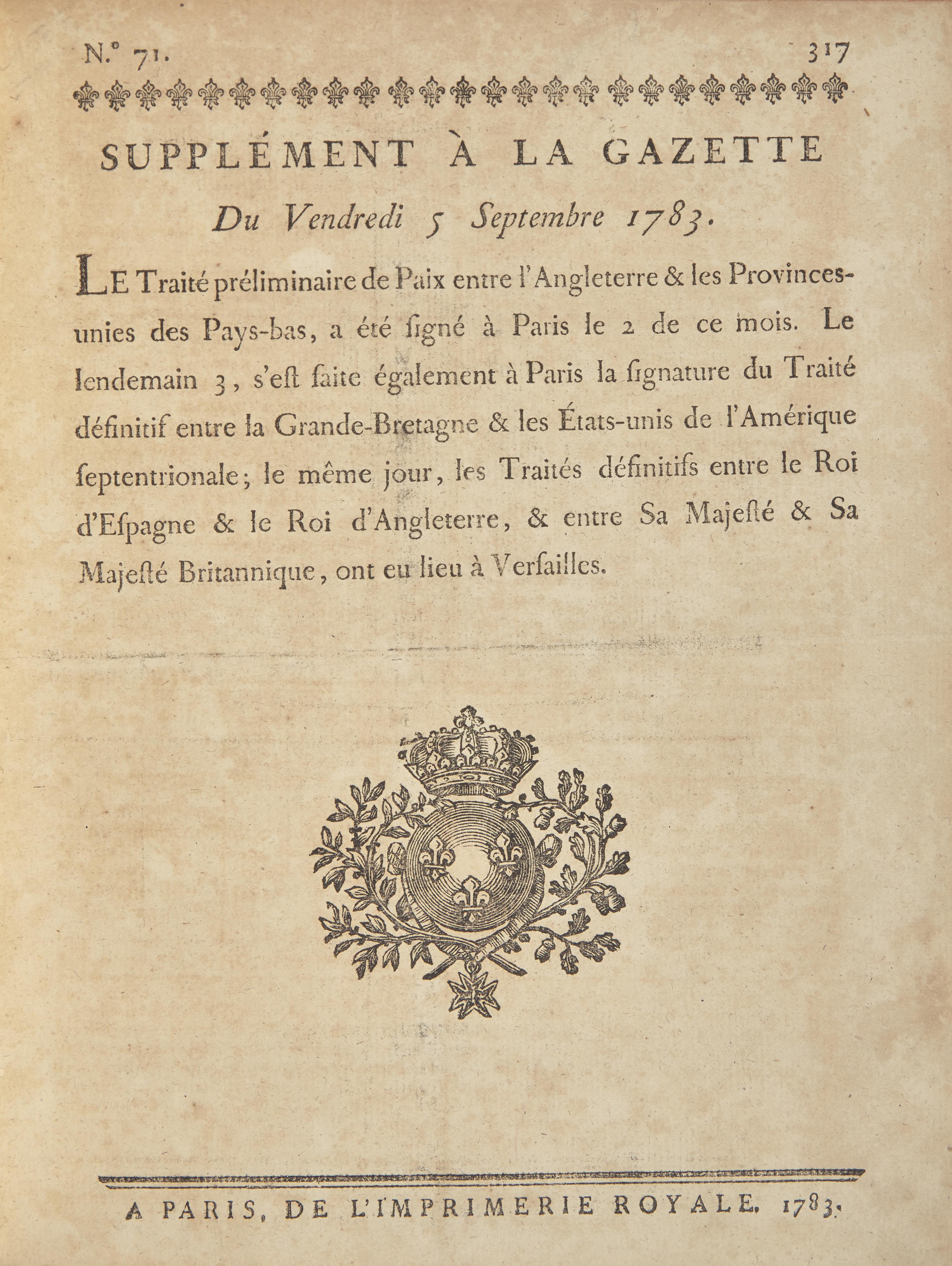 [American Revolution] Possibly the First Printed Announcement of the Definitive Treaty of Peace Ending the American Revolution, September 5, 1783