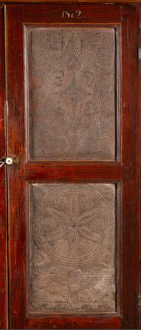A Country Grain Painted Pine and Pressed Sheet Tin Pie Safe and Marriage Cabinet