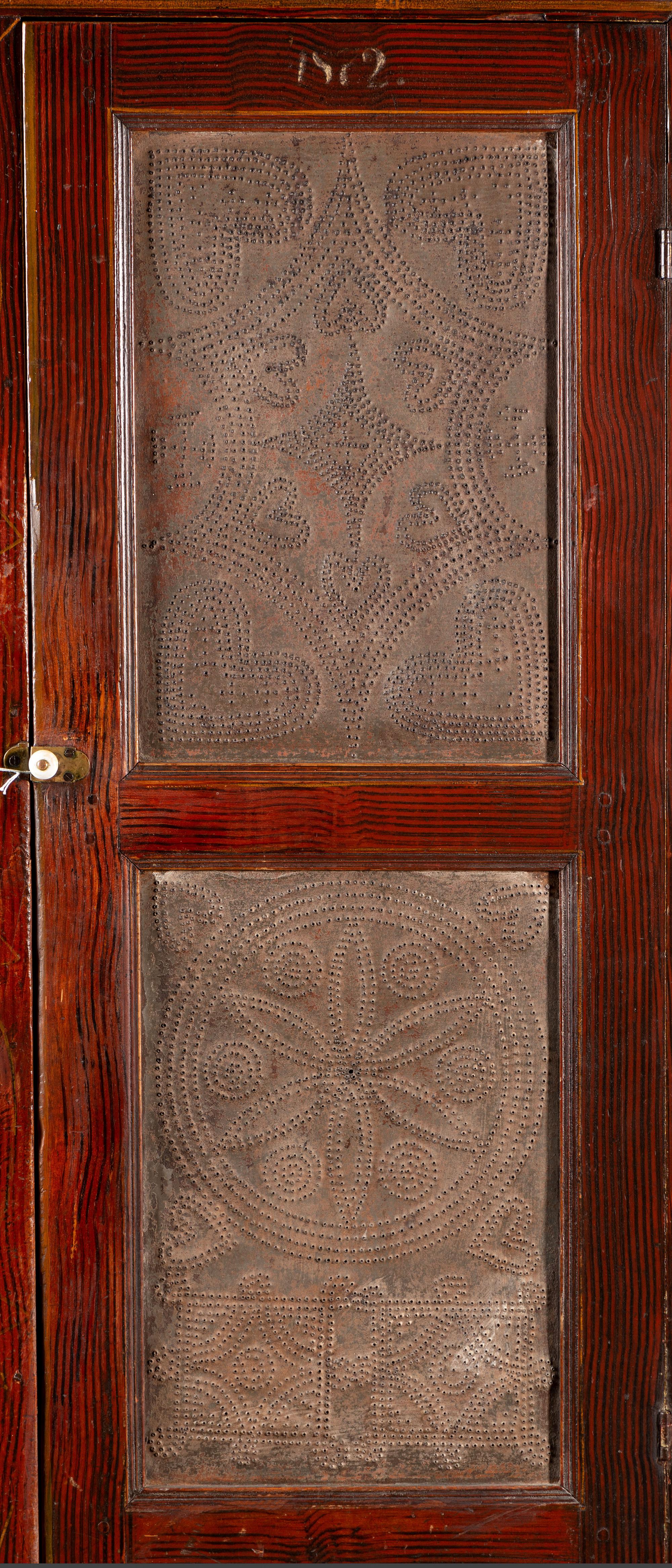 A Country Grain Painted Pine and Pressed Sheet Tin Pie Safe and Marriage Cabinet