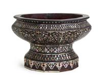 A Korean Mother-of-Pearl Inlaid Lacquer Stem Bowl Height 4 3/4 inches.