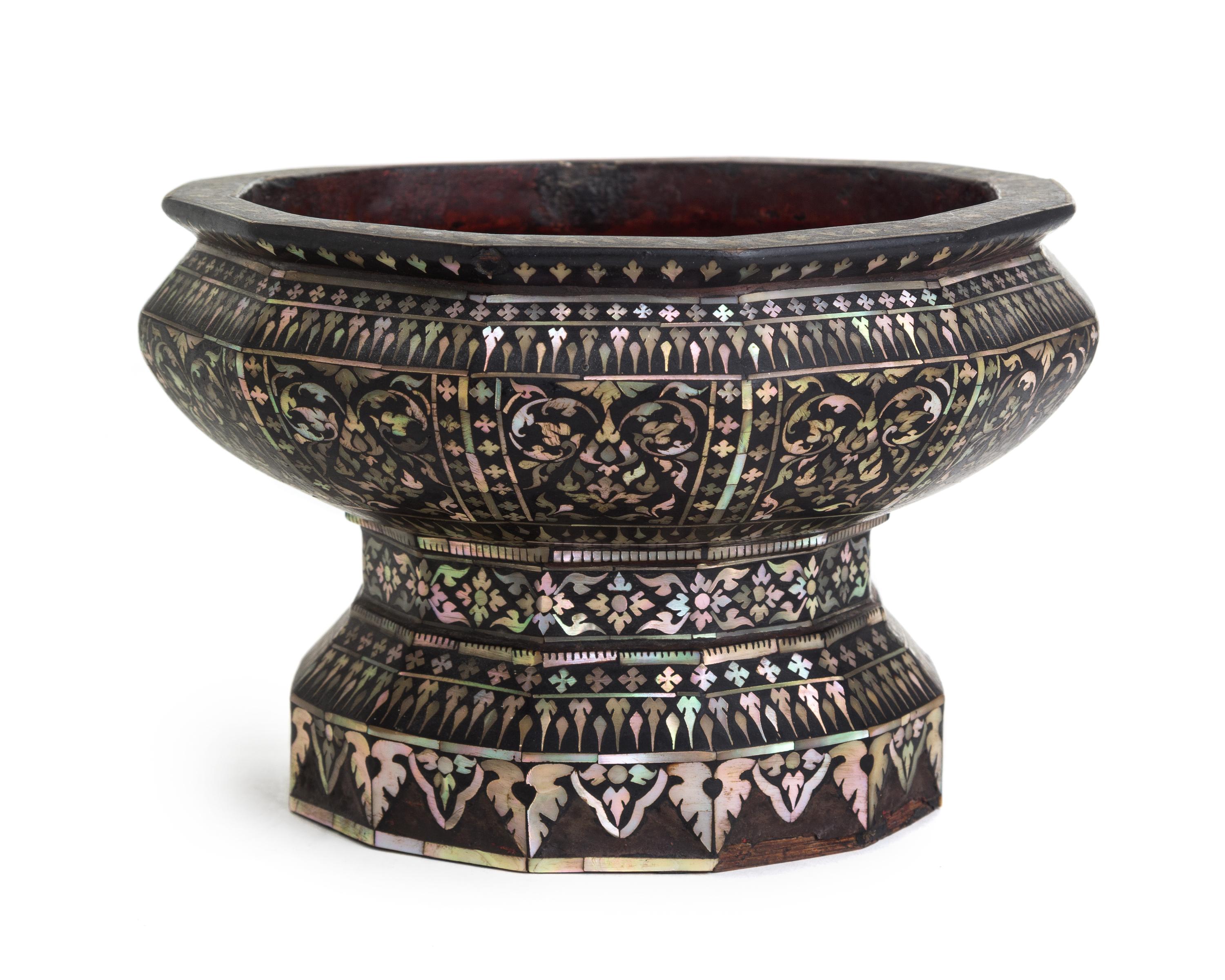 A Korean Mother-of-Pearl Inlaid Lacquer Stem Bowl Height 4 3/4 inches.