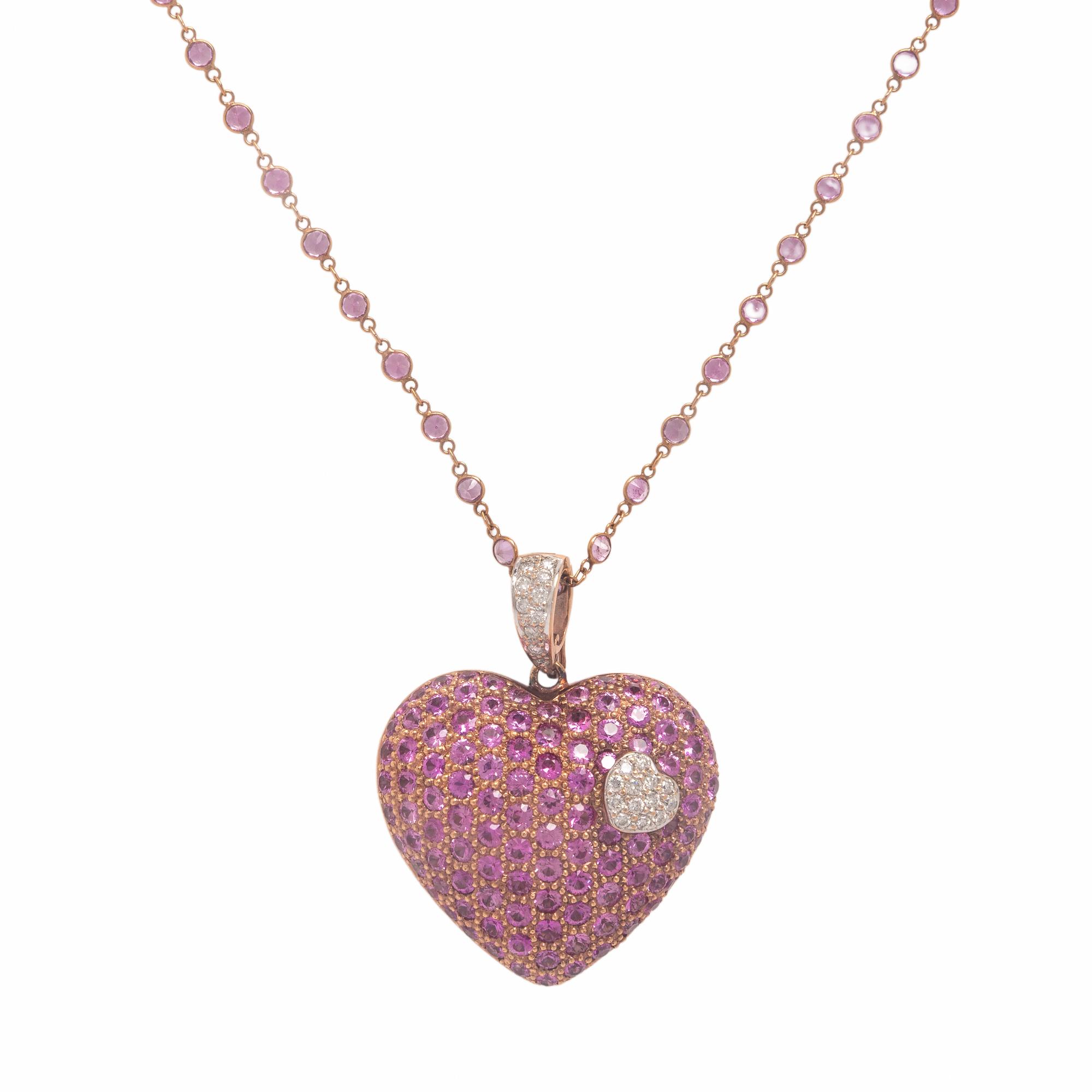 Pink Sapphire, Diamond, and Rose Gold Heart Pendant Station Necklace