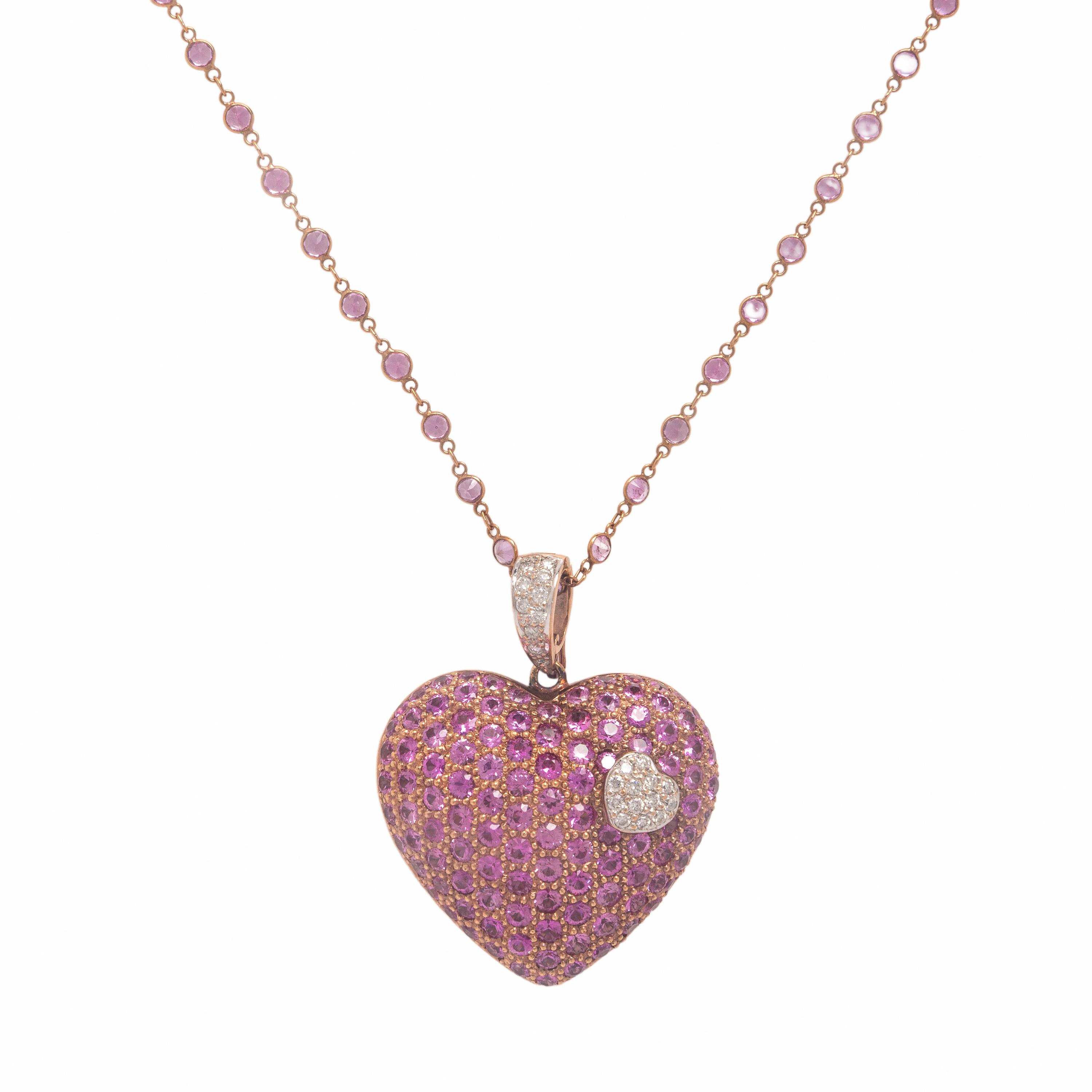 Pink Sapphire, Diamond, and Rose Gold Heart Pendant Station Necklace