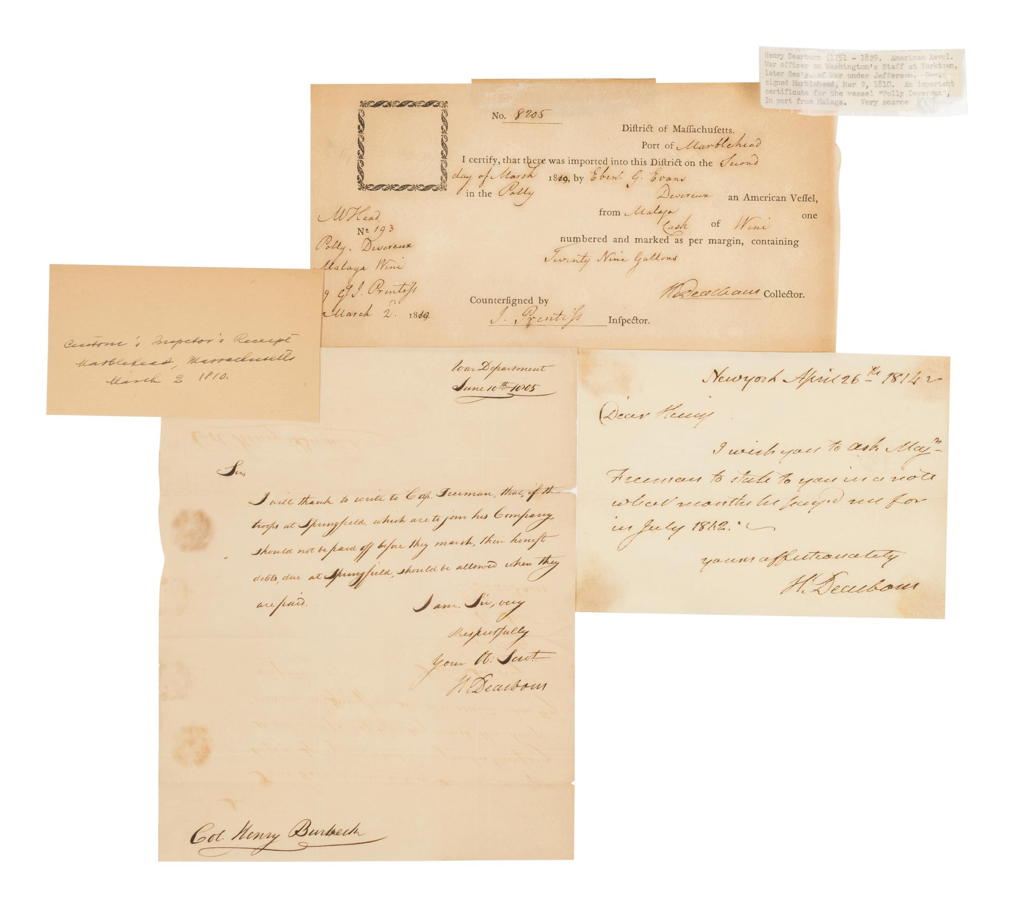 DEARBORN, Henry (1751-1829). A group of 2 ALSs with a partially printed document accomplished in manuscript signed and countersigned signed from 1805-1814, comprising: