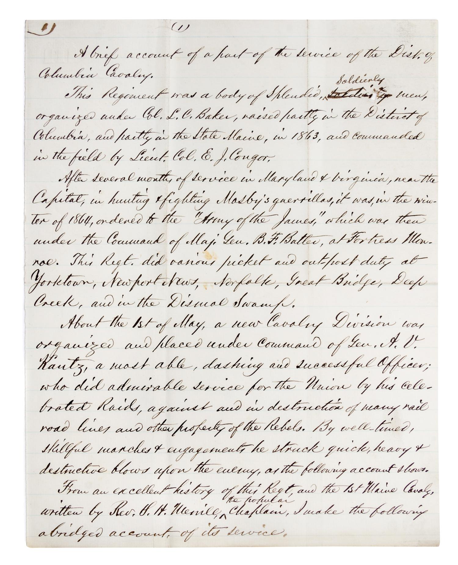 (CIVIL WAR) CURTIS, D.S., Col. 10 pp. mss, Washington, DC, December 4, 1866. Re: account of raids, railroad sabotage, et. With 1p. ALS