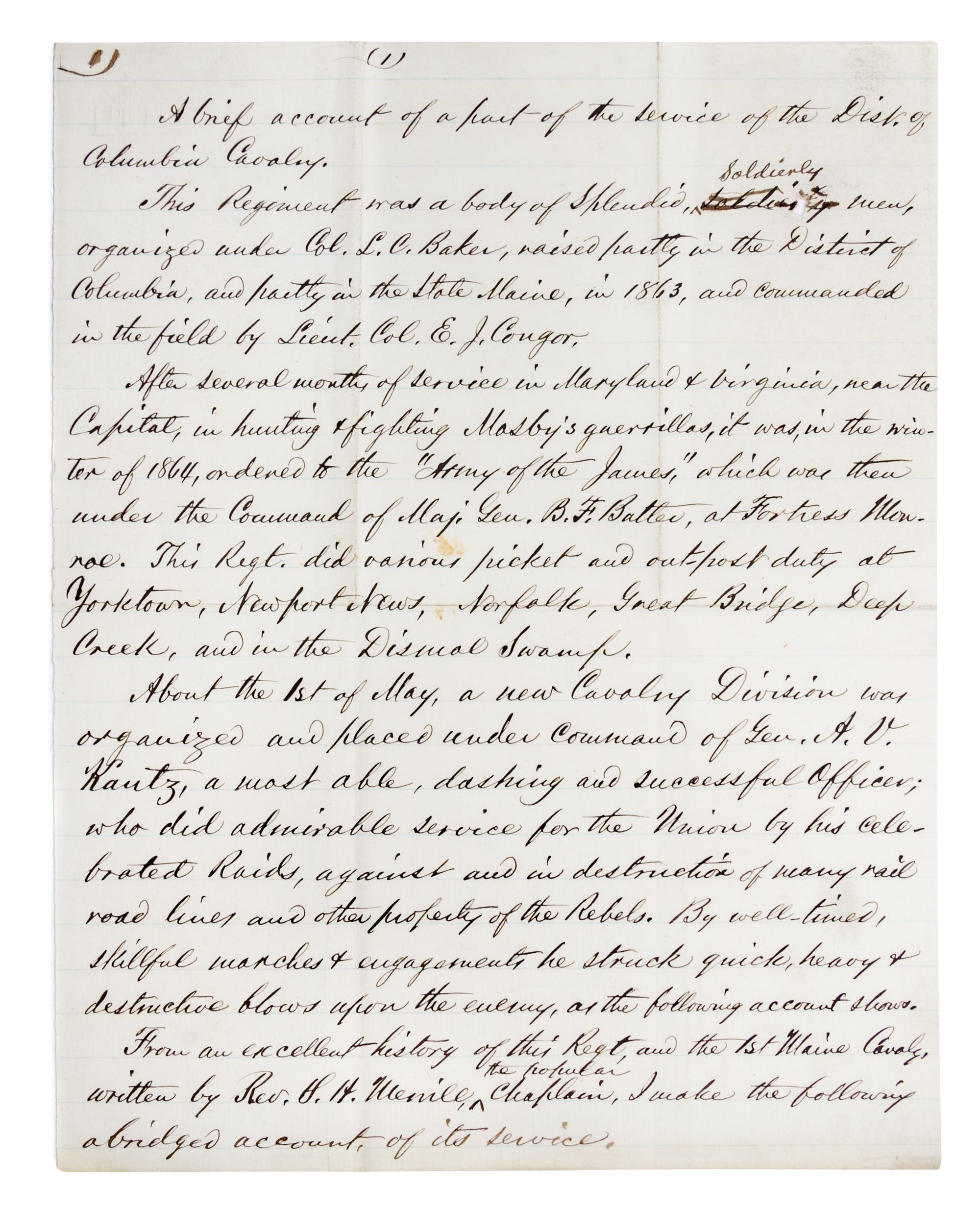(CIVIL WAR) CURTIS, D.S., Col. 10 pp. mss, Washington, DC, December 4, 1866. Re: account of raids, railroad sabotage, et. With 1p. ALS