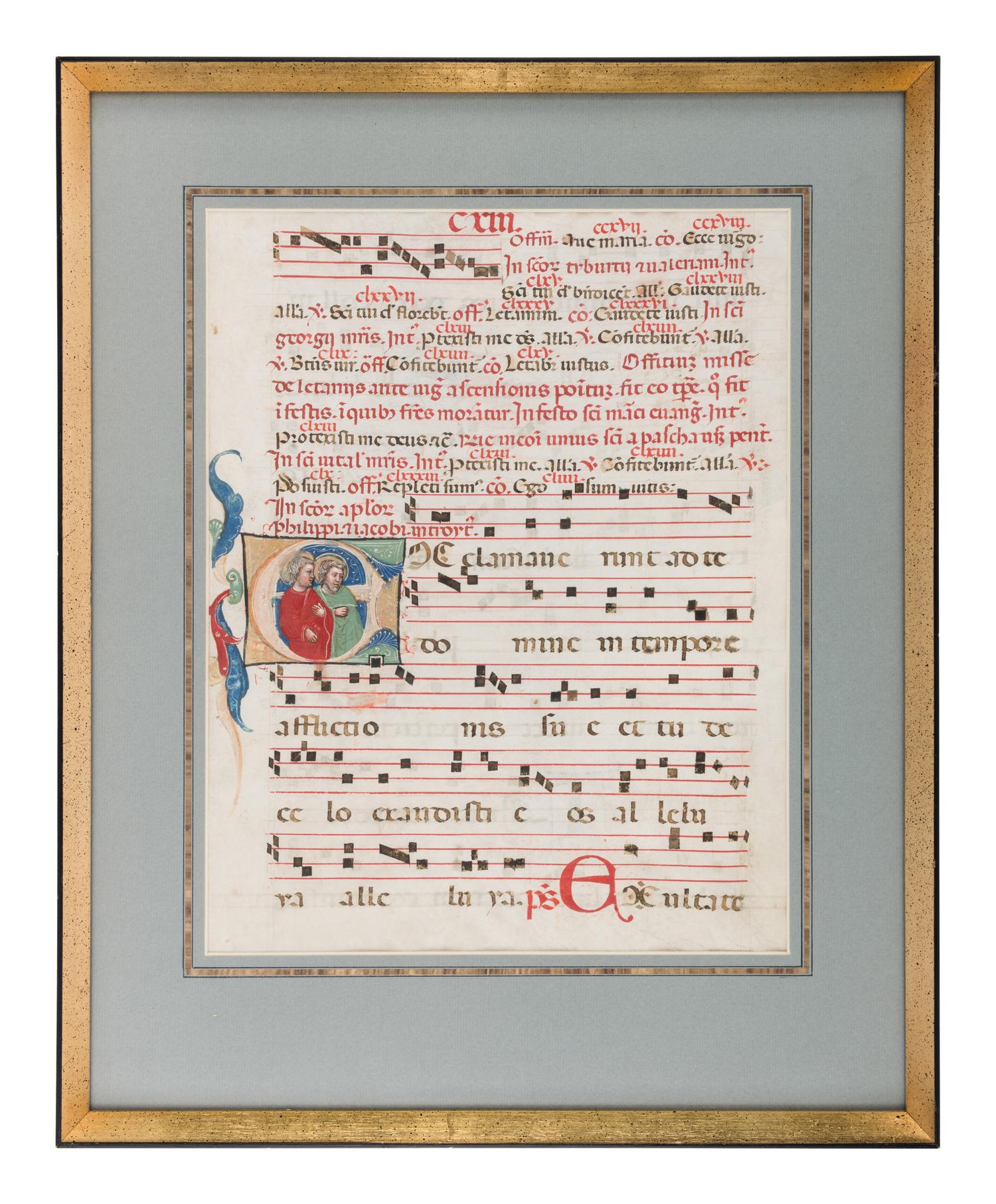 WORKSHOP OF CRISTOFORO CORTESE (active Venice, c. 1390-before 1445) A leaf from a Gradual, with a historiated initial ‘E’ of Saints Philip and James, in Latin, illuminated manuscript on parchment [Northern Italy, Venice, c. 1400-1415]