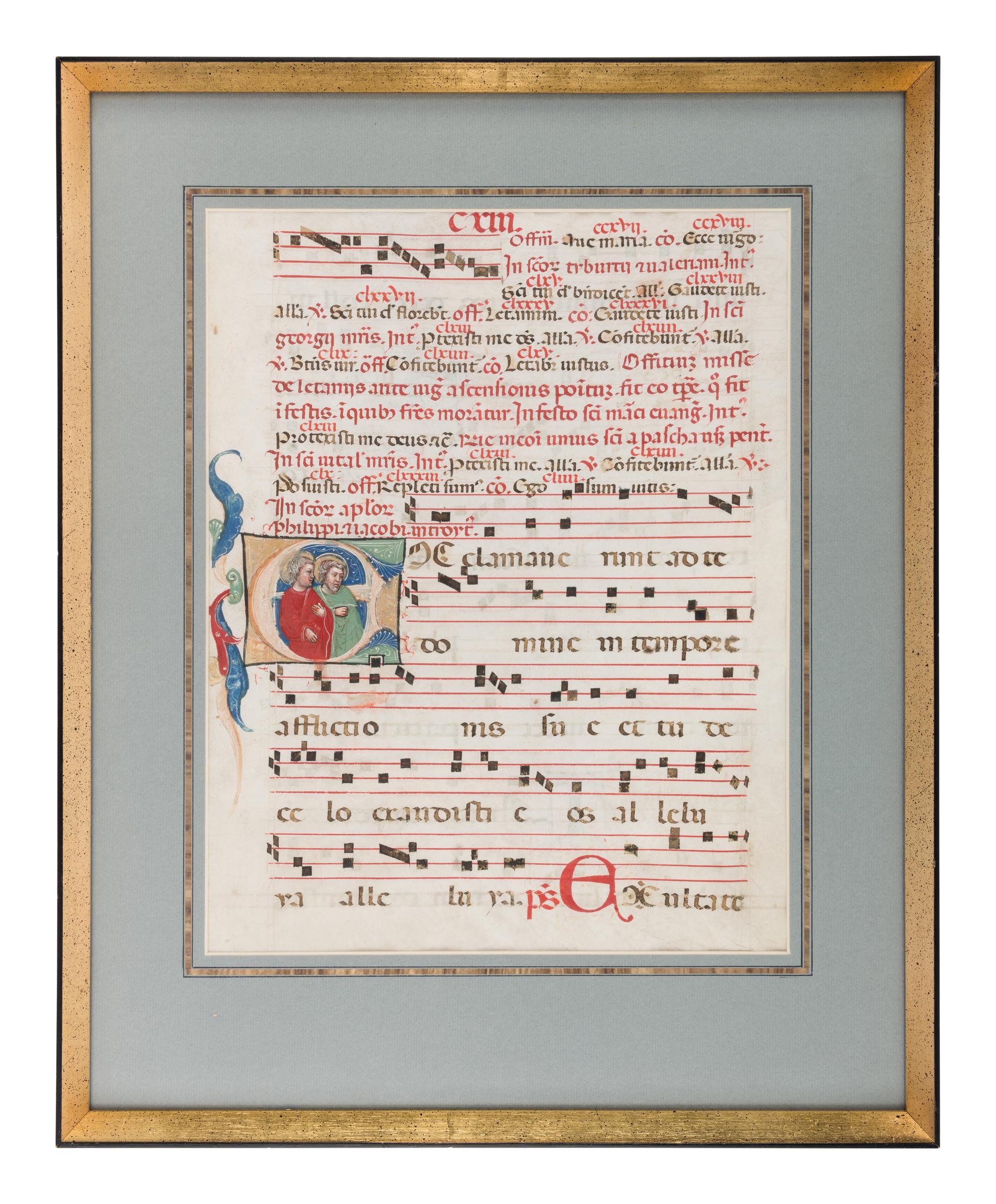 WORKSHOP OF CRISTOFORO CORTESE (active Venice, c. 1390-before 1445) A leaf from a Gradual, with a historiated initial ‘E’ of Saints Philip and James, in Latin, illuminated manuscript on parchment [Northern Italy, Venice, c. 1400-1415]