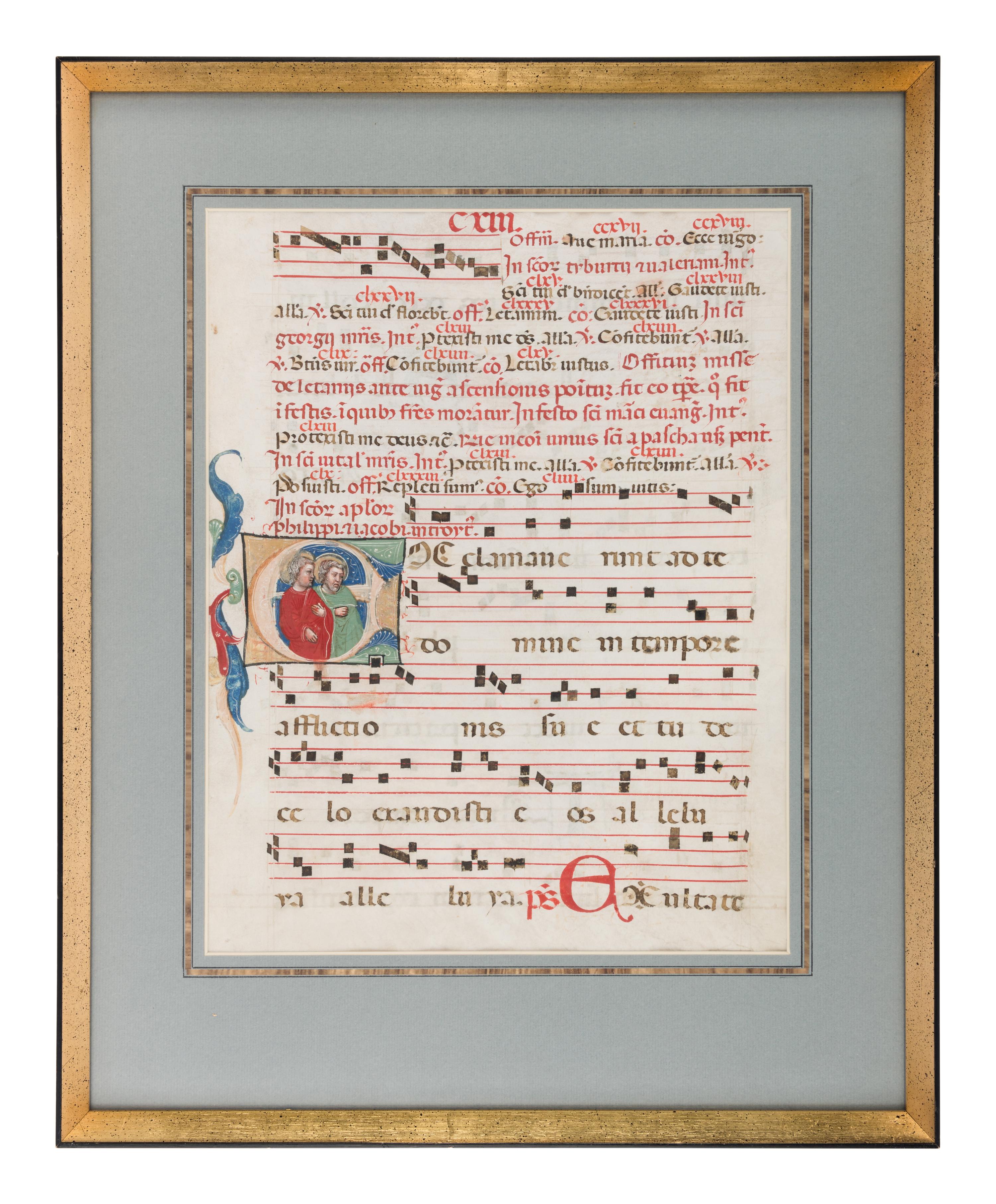 WORKSHOP OF CRISTOFORO CORTESE (active Venice, c. 1390-before 1445) A leaf from a Gradual, with a historiated initial ‘E’ of Saints Philip and James, in Latin, illuminated manuscript on parchment [Northern Italy, Venice, c. 1400-1415]