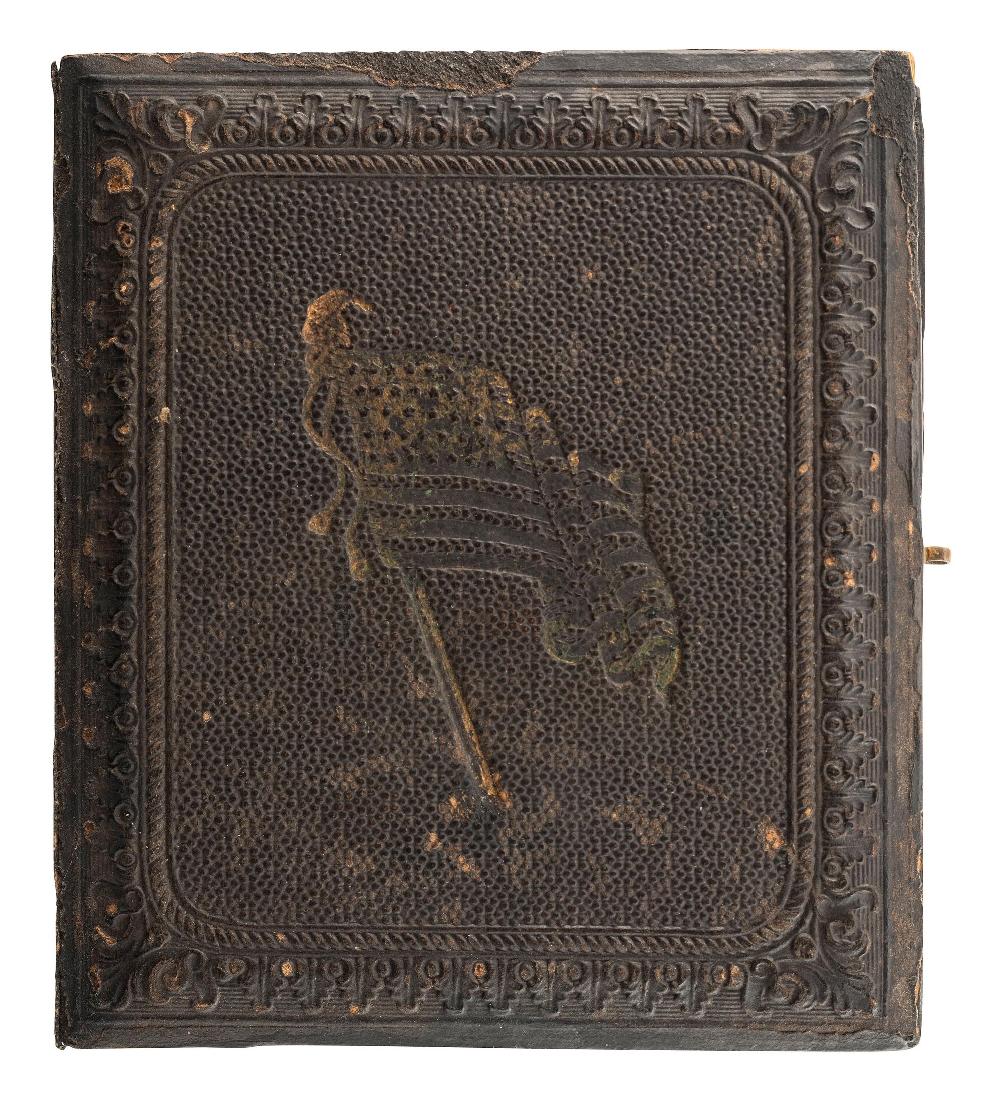 [CIVIL WAR]. Sixth plate tintype of a Federal rifleman armed with target rifle and revolver.