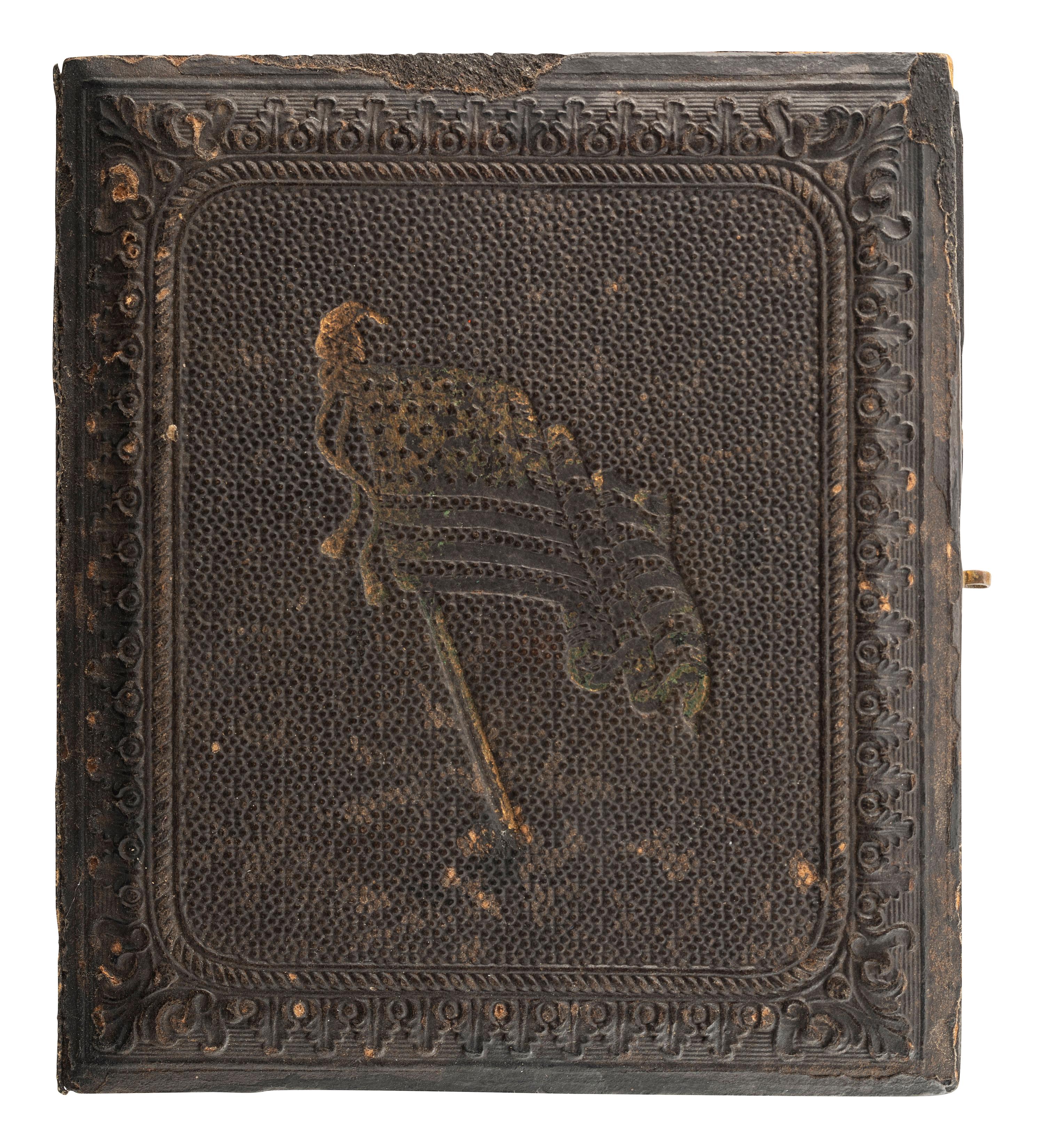[CIVIL WAR]. Sixth plate tintype of a Federal rifleman armed with target rifle and revolver.