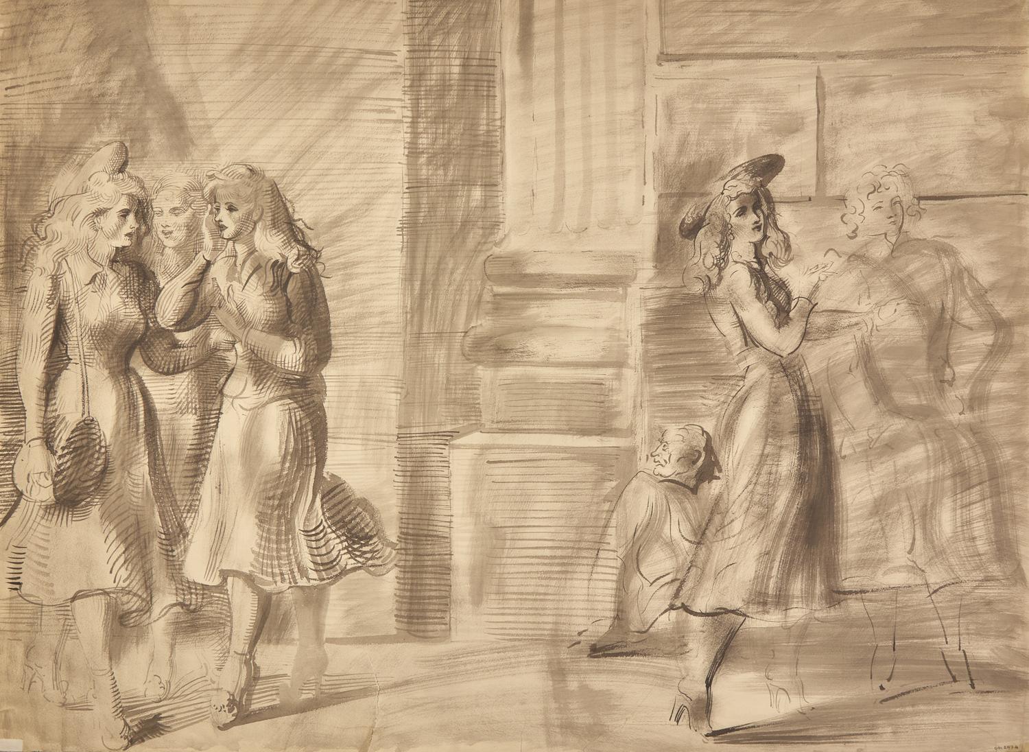 Men and Women Conversing; with Walking Girls (A Double-Sided Work)
