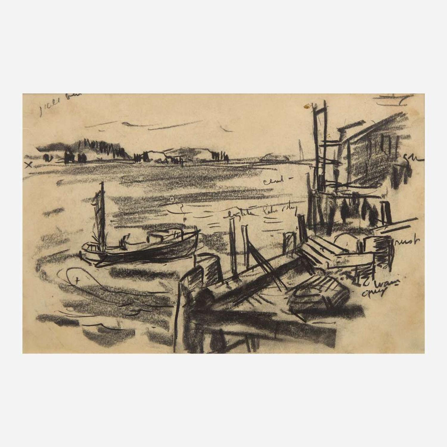 John Fulton Folinsbee (American, 1892–1972) House by Water, Three Islands; together with Dock, Boat in Water