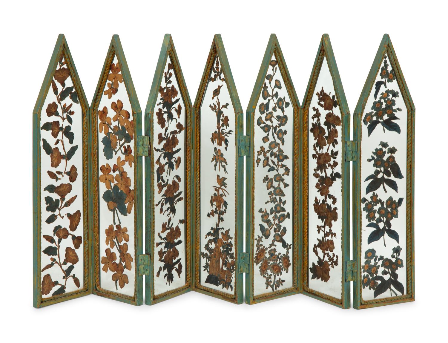 A Green-Painted and Glass Six-Panel Small Table Screen