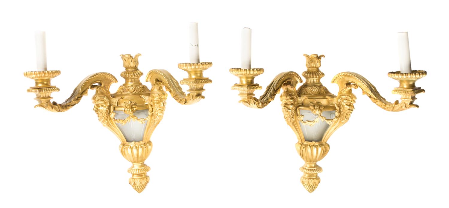 A Pair of Neoclassical Gilt Bronze Two-Light Sconces, Height overall 21 inches.
