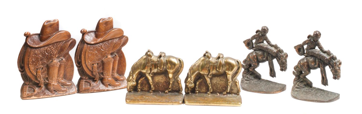 Three Sets of Contemporary Cowboy Motif Bookends Height of tallest 7 inches