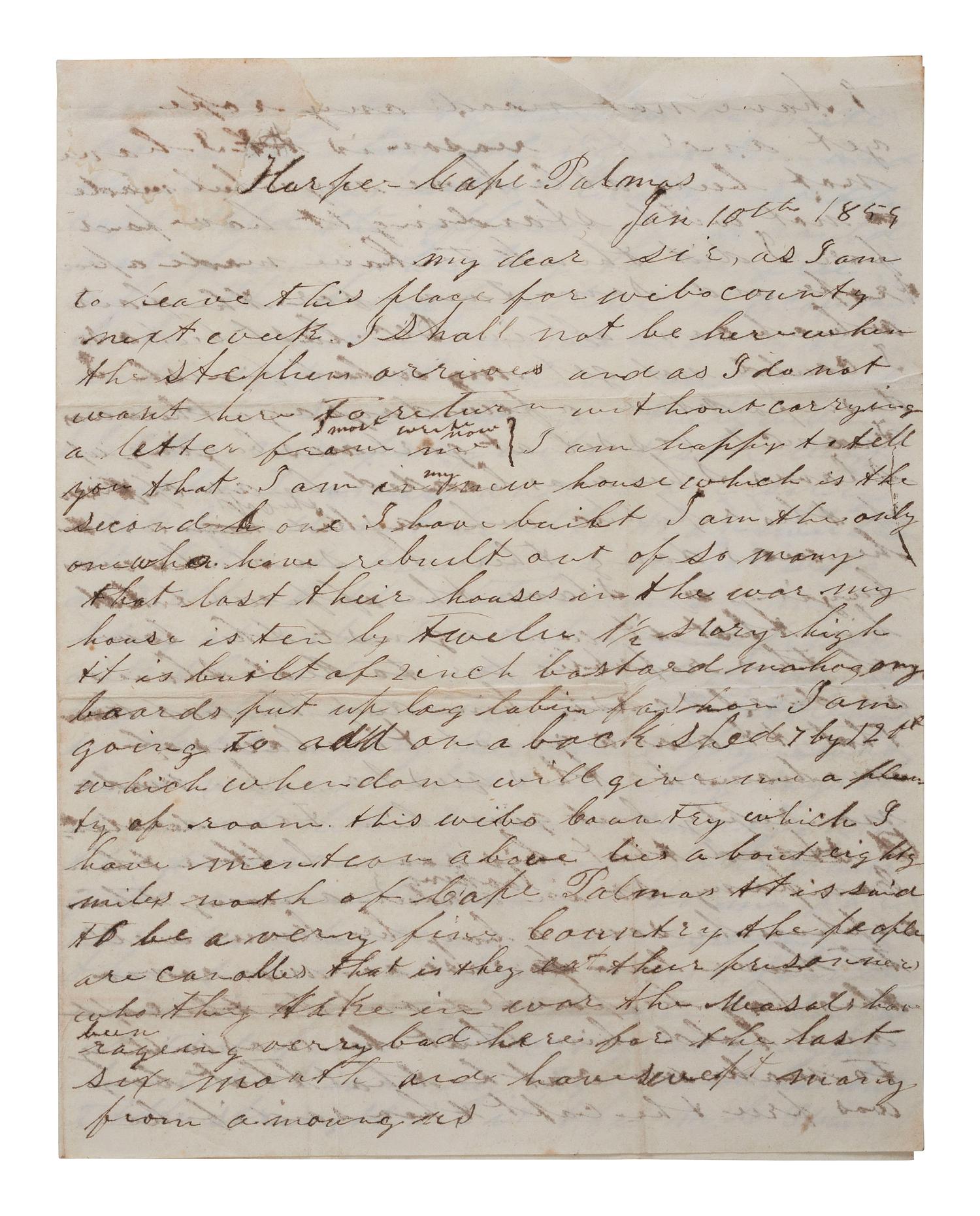[LIBERIA]. COX, James. Autograph letter signed ("James Cox"). Harper, Camp Palmas, Liberia, 10-11 January 1859. Settler's letter with content regarding slavery and cannibalism.