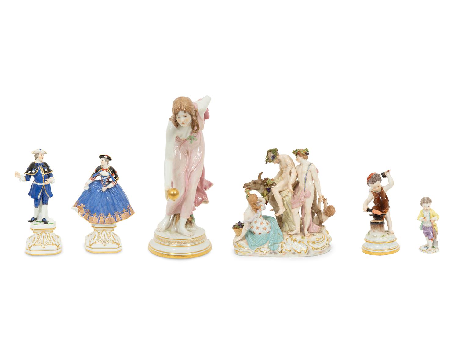 A Group of Six Meissen Porcelain Figures, including Woman with Golden Ball by Walter Schott